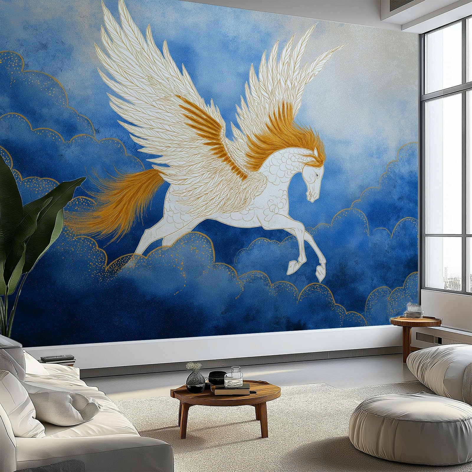Nowoczesny mural ścienny fantasy 250 x 175 cm (szer. x wys.), zwierzę pegaz chmury tapeta mural na ścianę akcentującą do sypialni salonu lub przedpokoju - panoramiczna tapeta plakatowa