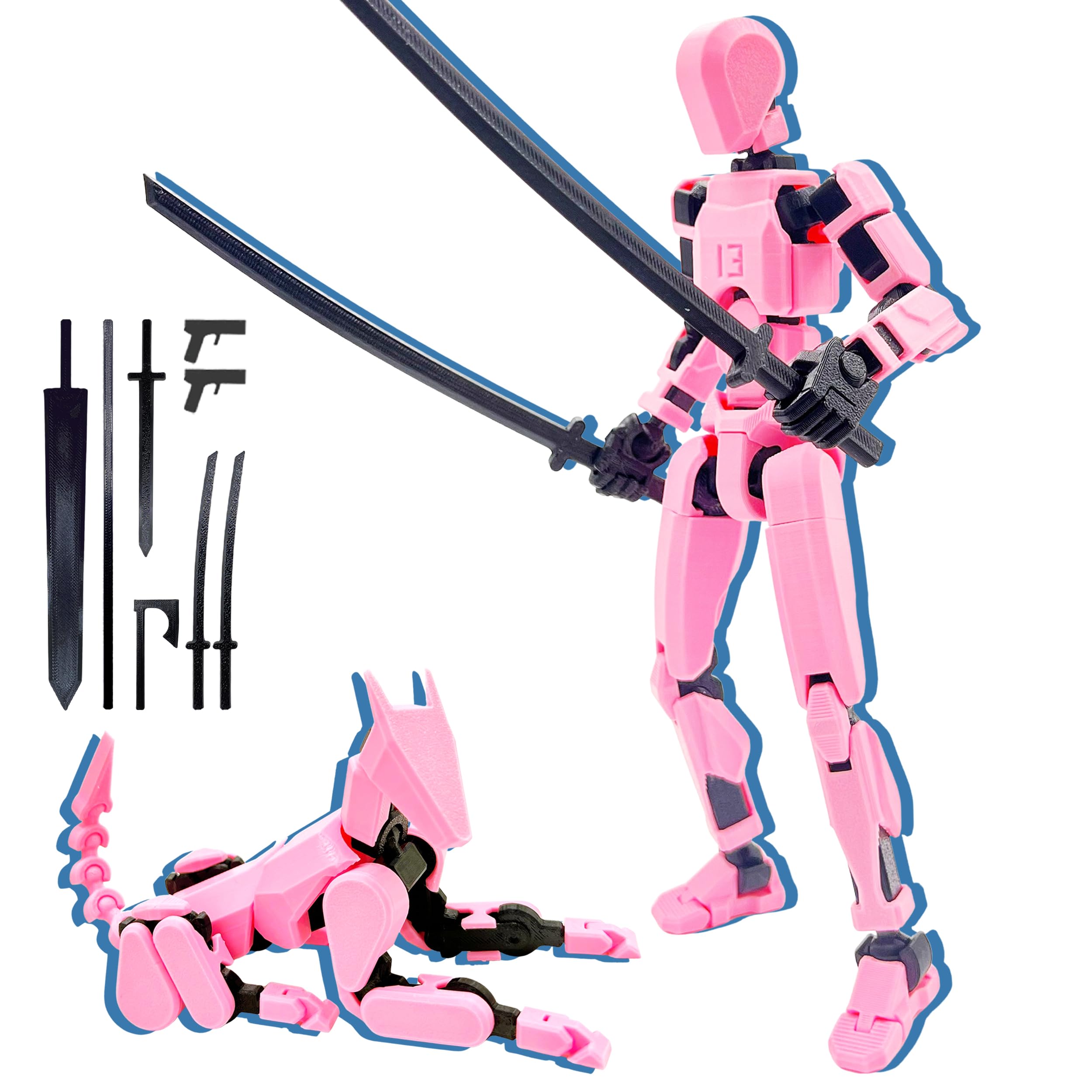 T13 3D Action Figure Set (Assembly Completed),Dummy Robot Titan 13 Action Figures,3D Printed Toys Multi-Jointed Movable (Pink Black)