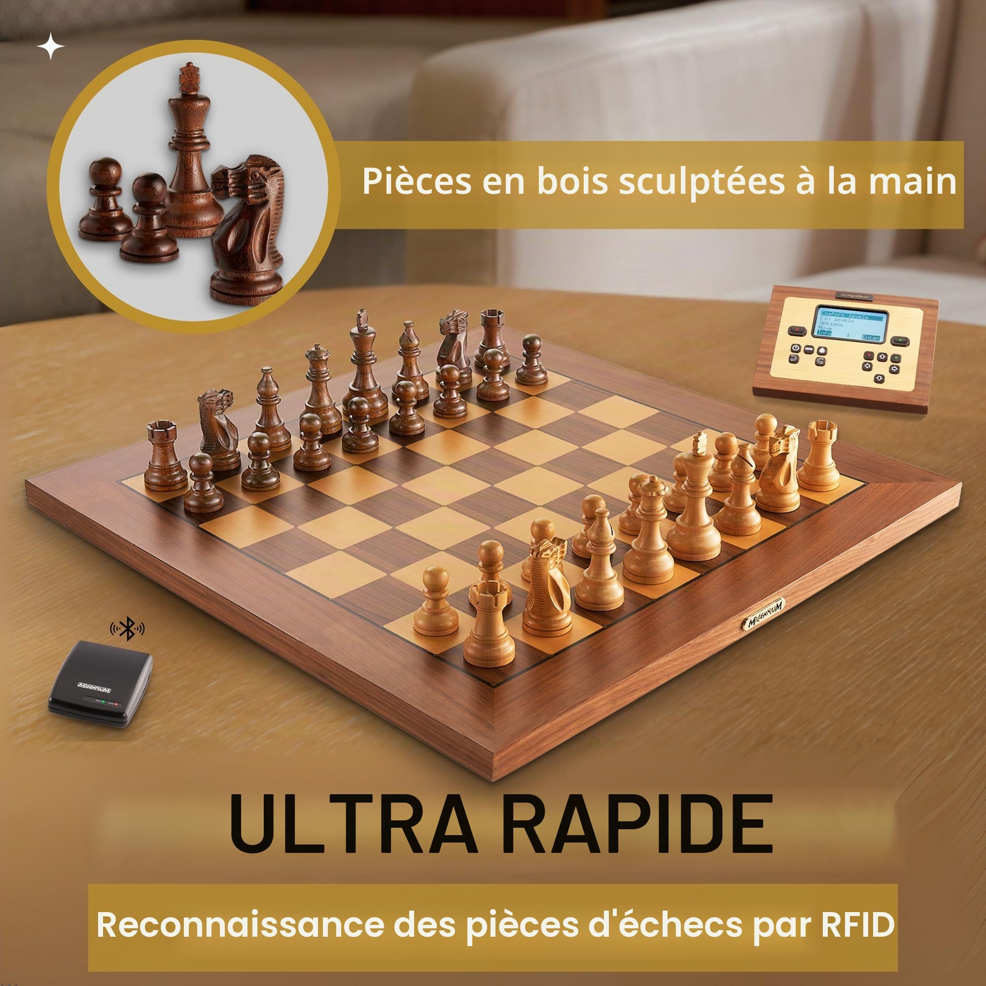 MILLENNIUM Supreme Tournament E-Board M851 échiquier électronique de Tournoi avec pièces en Bois de Haute qualité, Module ChessLink Inclus pour Jouer en Ligne Contre des Joueurs du Monde Entier