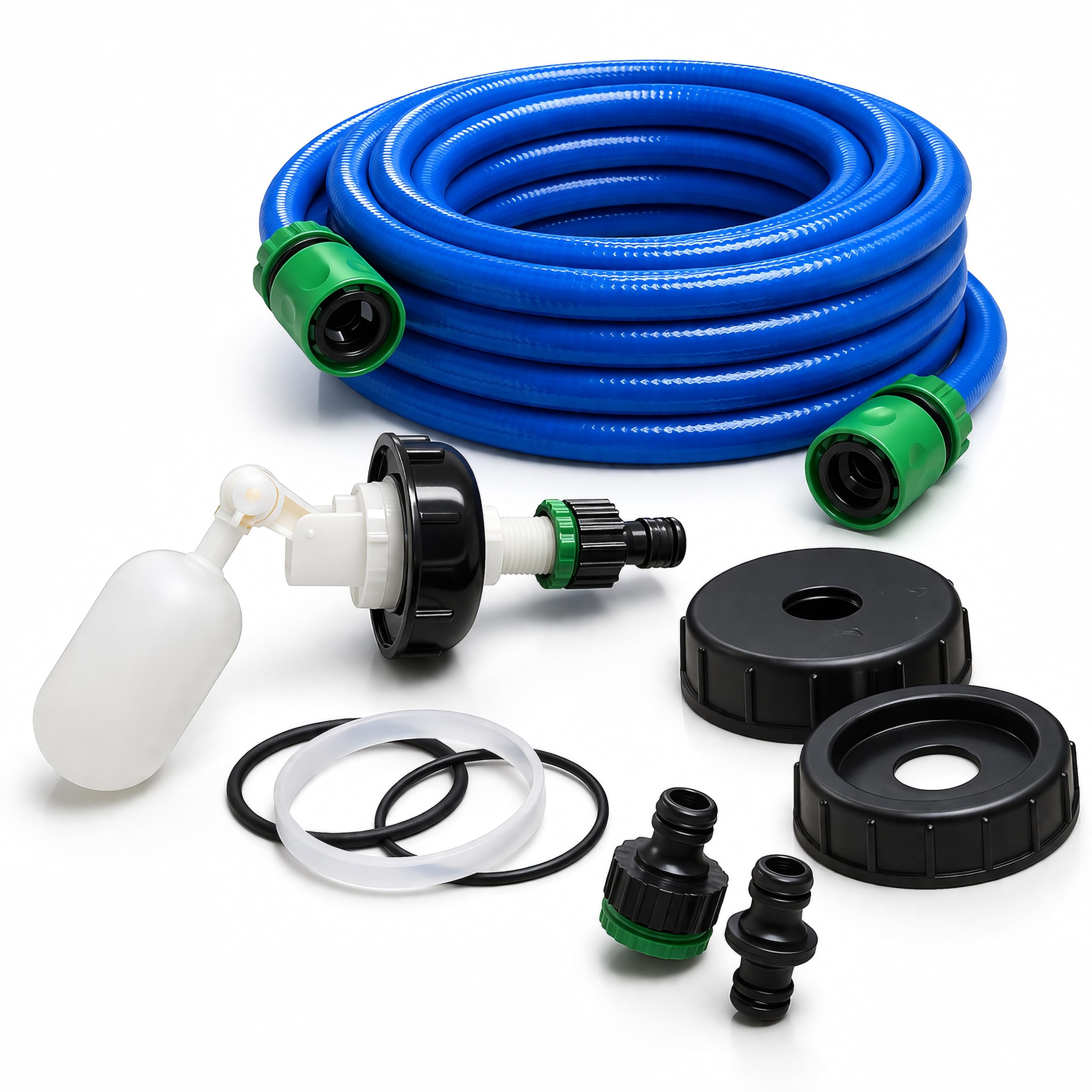 Kit adattatore acqua universale con sistema galleggiante – compatibile con Aquaroll, Aqua Caddy, Aquarius, Roly Poly, e Water Hog – Include tubo e raccordi per uso alimentare da 7,5 m