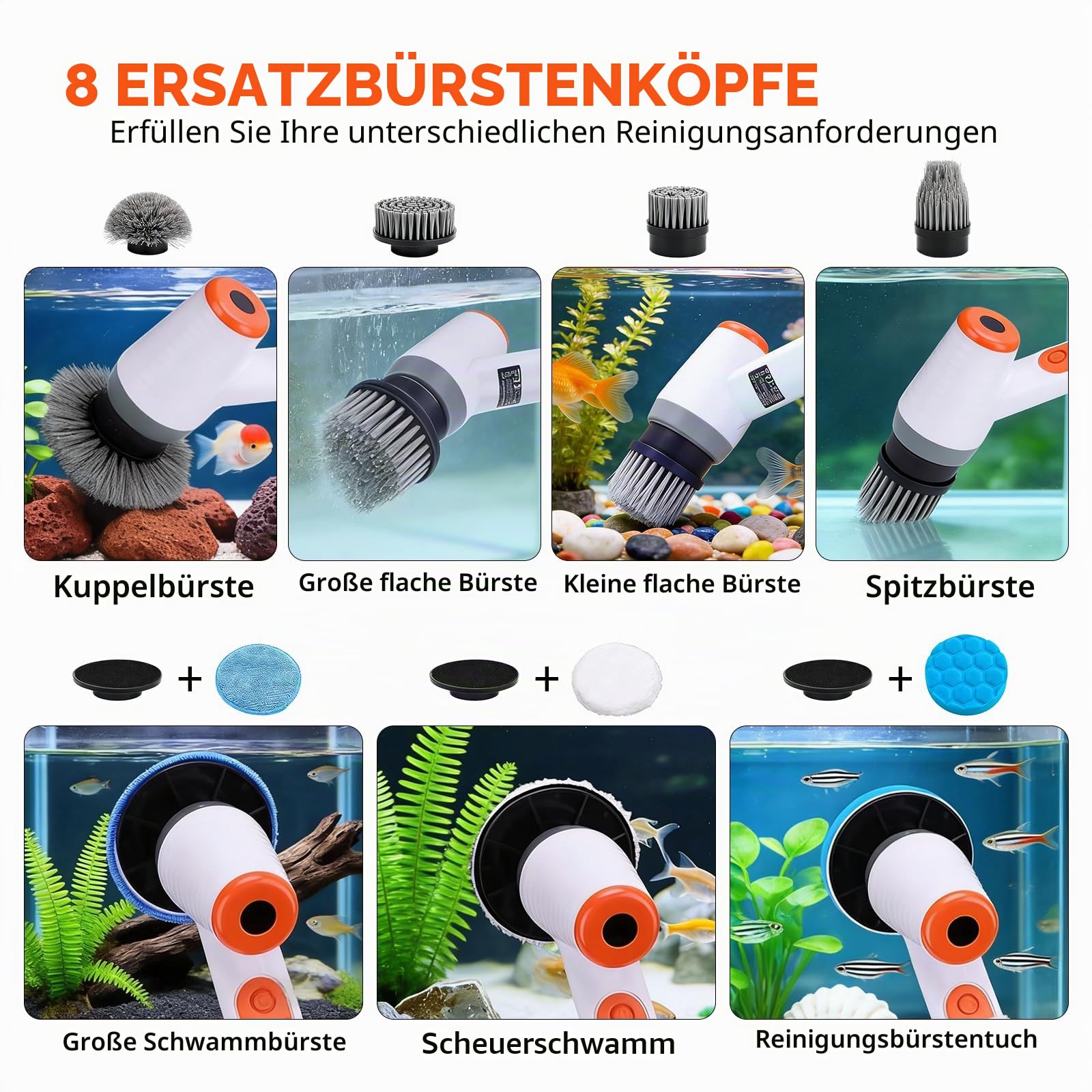 Elektrische Reinigungsbürste, 8-in-1 Elektrische Aquarium Scheibenreiniger | Electric Cleaning Brush IPX9 Wasserdicht, Electric Spin Scrubber mit Teleskopstange 18-100cm für Aquarium Bade Küche