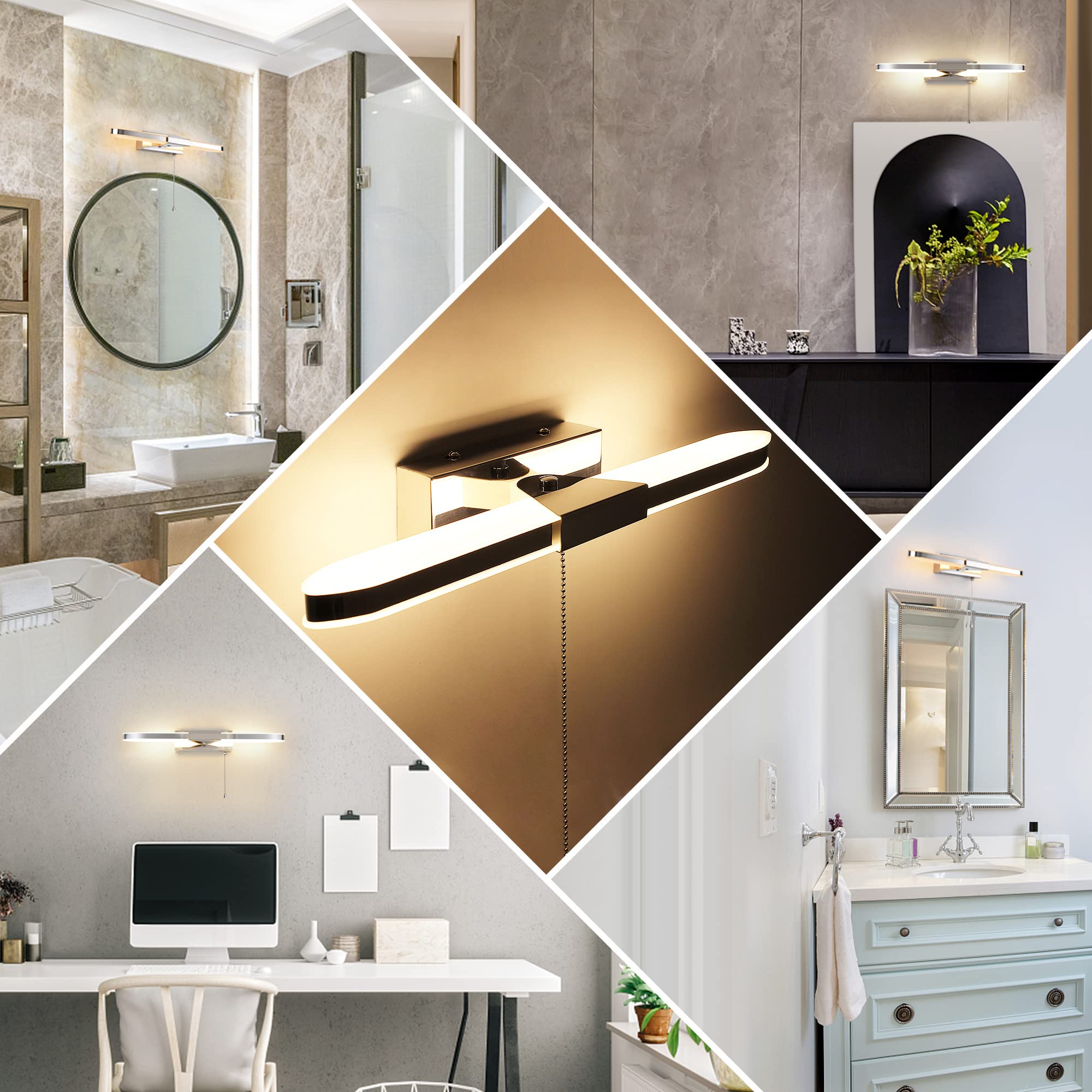 MantoLite LED Badezimmer Wandleuchte mit Zugschnur, 40CM Bildanzeige Lampe Spiegel Beleuchtung Wandleuchter für Hotel Restaurant Moderne Leselampen,8W 3000K Edelstahl Acrylleuchten