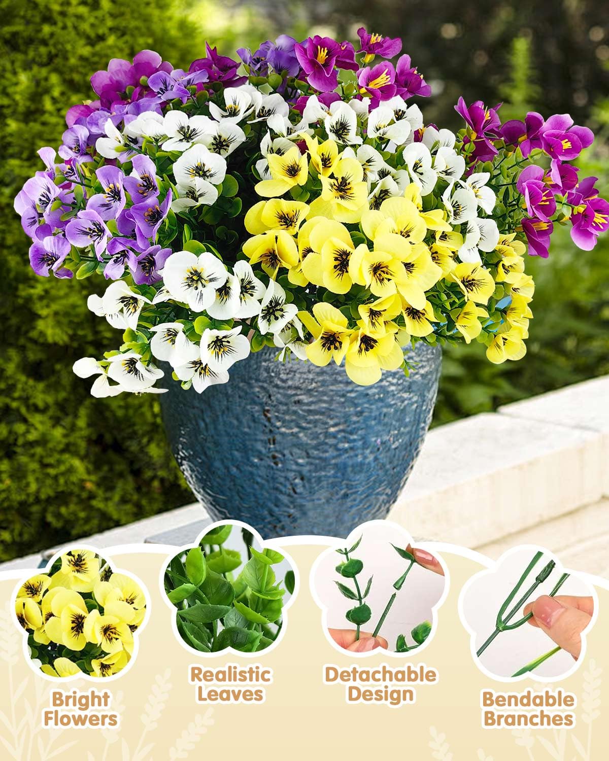 12 Bundles Artificial Flowers Outdoor, UV Resistant Artificial Pansies Faux Plastic Flower - Image 3
