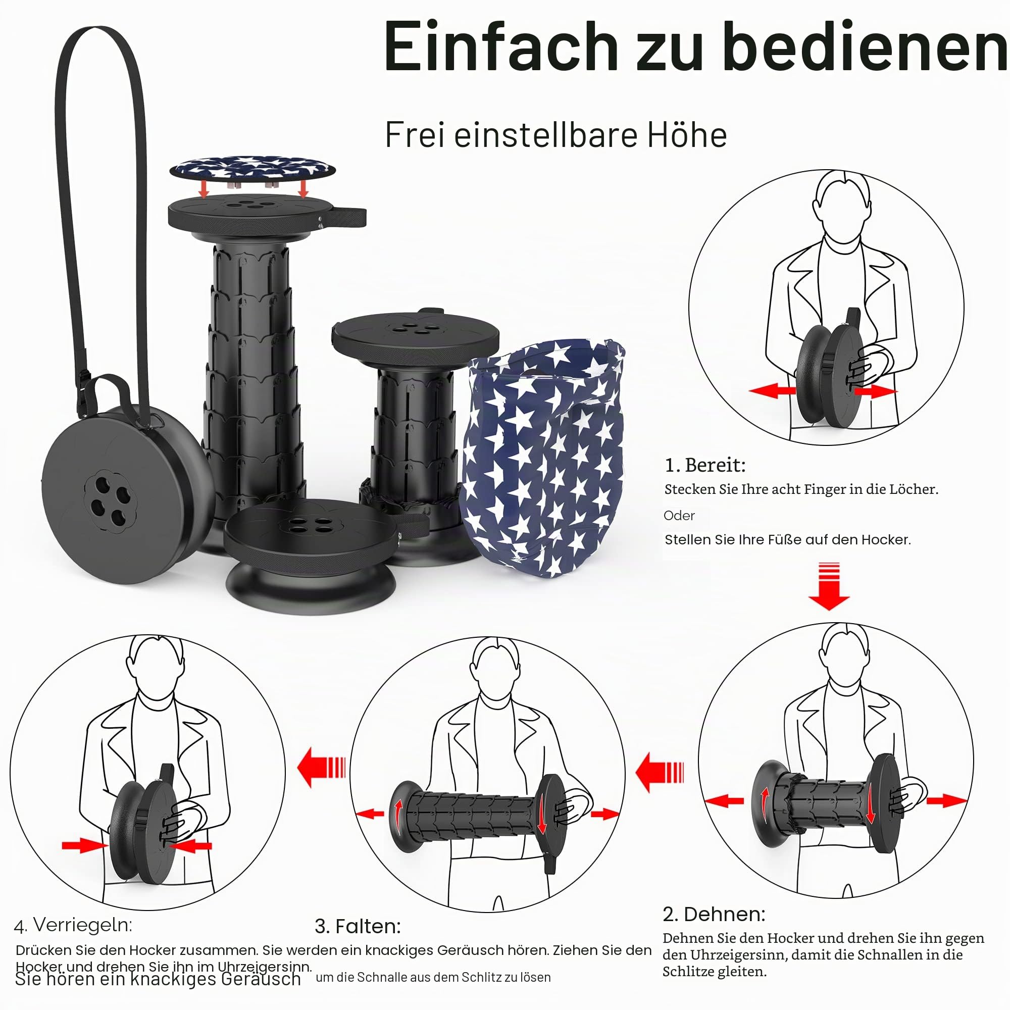 ALEVMOOM Tragbarer Klapphocker mit Kissen,Teleskophocker,Camping Hocker Zusammenklappbarer Hocker,für Draußen- und Drinnen-Aktivitäten, Wandern,Angeln,Tragfähigkeit 440lb mit Tasche Karabiner