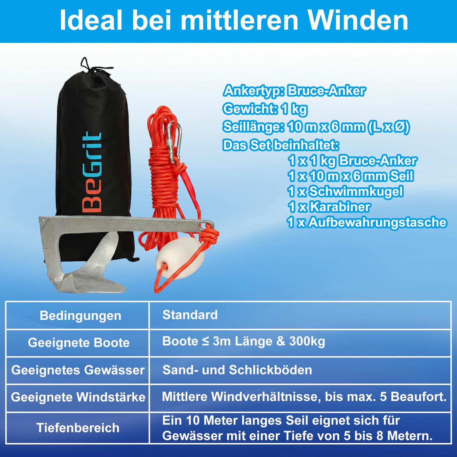 BeGrit Bruce Anker für Boot 1kg Stahlverzinkt Klappanker Verzinkt Anker