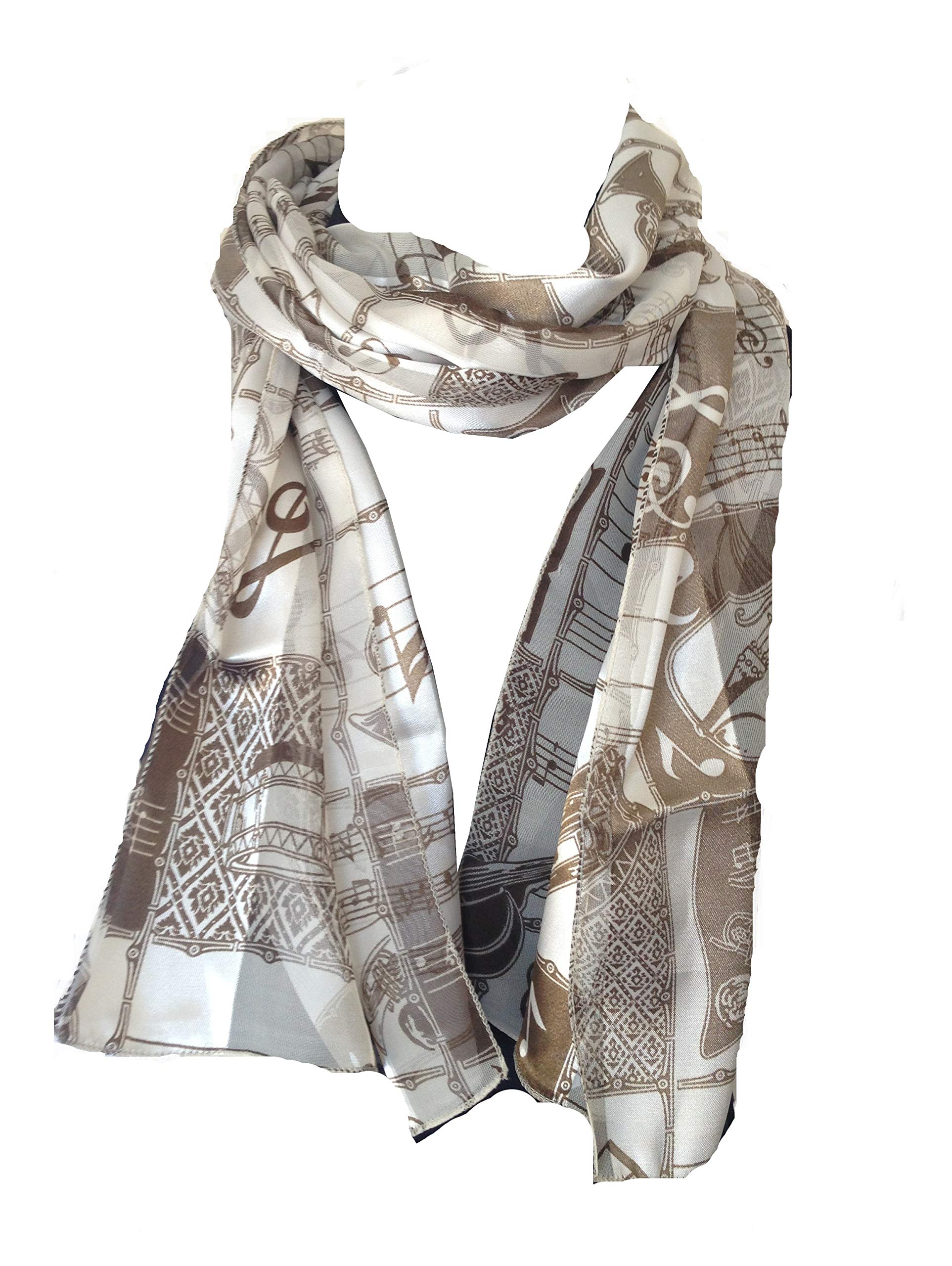 Pamper Yourself Now Musical notes and instruments design thin shiny scarf (Dark brown)