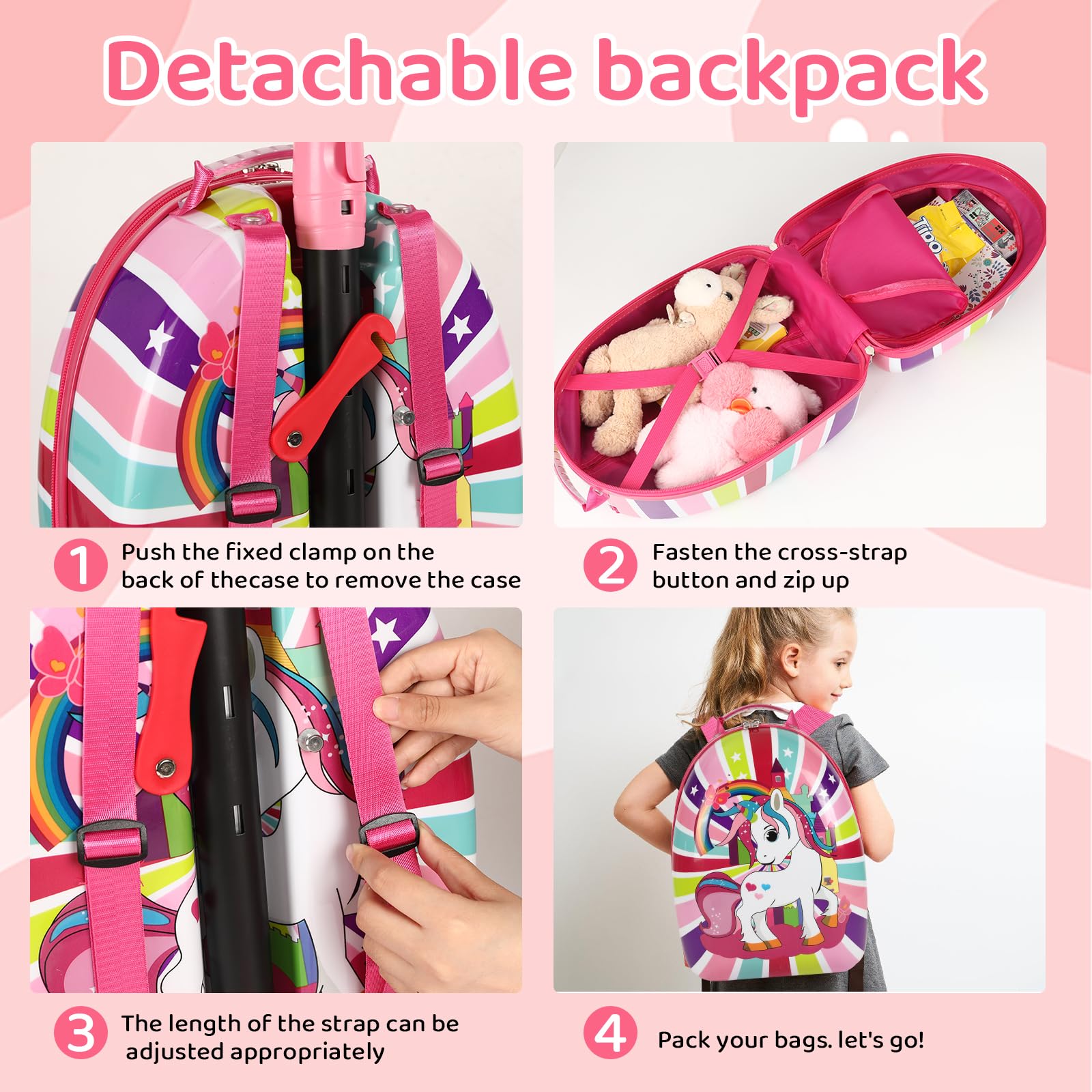 Maleta 3 en 1 para patinete, maleta rígida 3D para niños con ruedas de luz LED, mango retráctil, plegable y altura ajustable para niños y niñas (rosa)