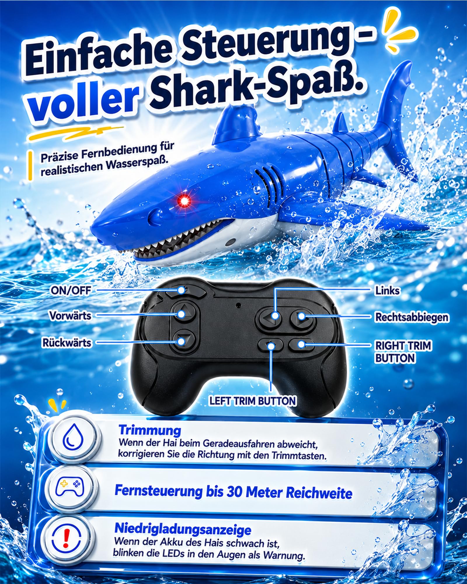 KOKODI Ferngesteuerter Robo-Hai für Kinder ab 3 Jahren – RC Wasserspielzeug mit Licht & Wasserdichter Fernbedienung, Sommerpoolspielzeug, Badespielzeug, Geburtstagsgeschenk Jungen Mädchen