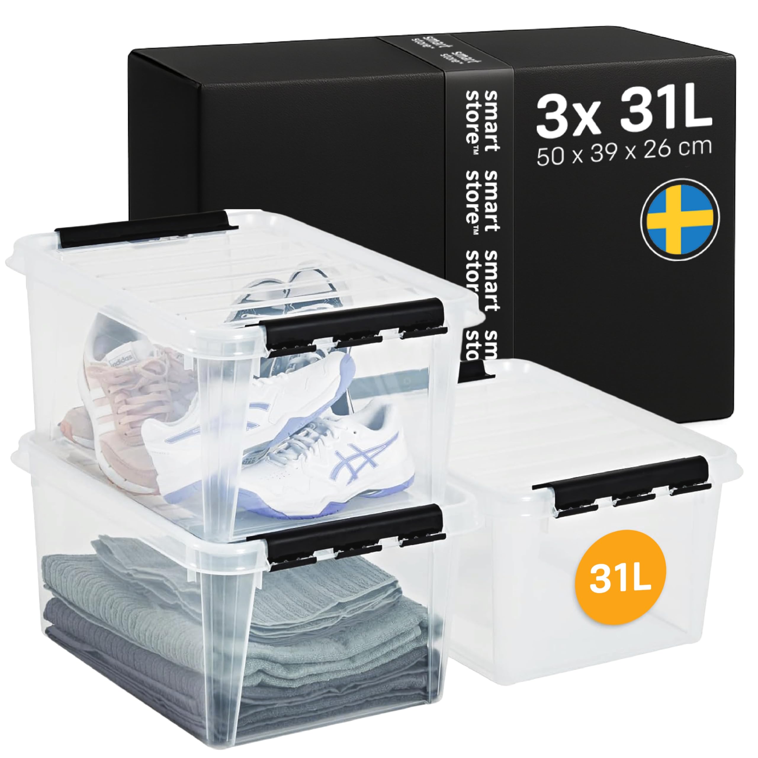 Boîte de rangement plastique 31L SmartStore avec couvercle empilable | Lot de 3