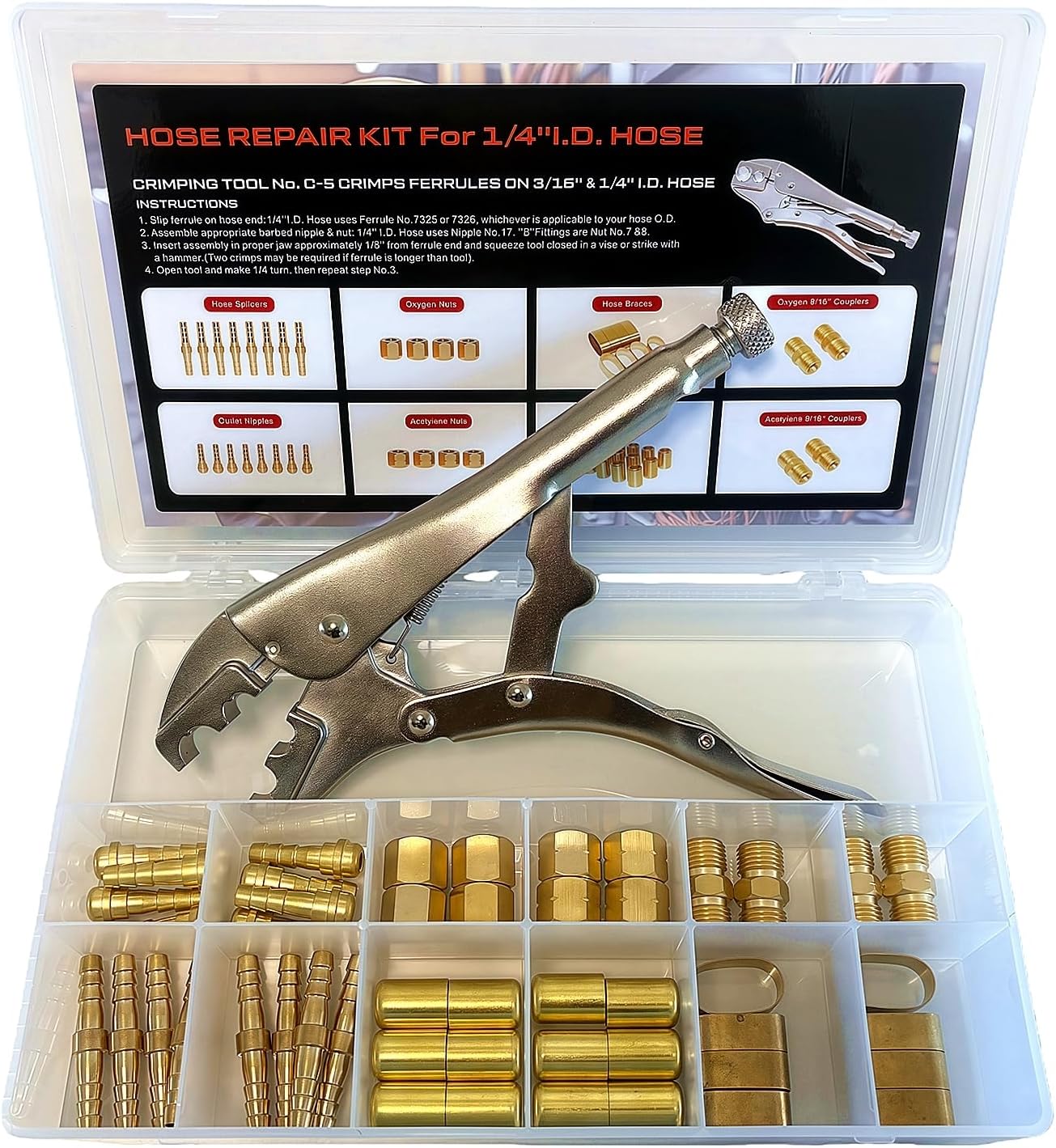 49Pcs Welding Torch Hose Repair Kit, for 3/16 to 1/4 inch ID Hose Pipe, With Crimper Ferrules Couplers Braces Splicers Nipples Nuts and Storage Box, Oxygen Acetylene Use