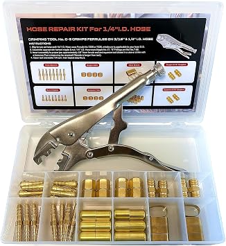 49Pcs Welding Torch Hose Repair Kit, for 3/16 to 1/4 inch ID Hose Pipe, With Crimper Ferrules Couplers Braces Splicers Nipples Nuts and Storage Box, Oxygen Acetylene Use