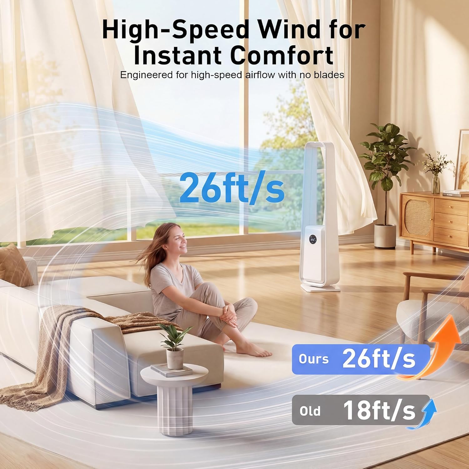 36” Bladeless Tower Fan for Bedroom, 25ft/s Powerful Standing Fan with Remote, 4 LED Color, 12 Speeds, 12H Timer, Wide Oscillating Floor Fans for Room, Home, Office, White (White, Large)