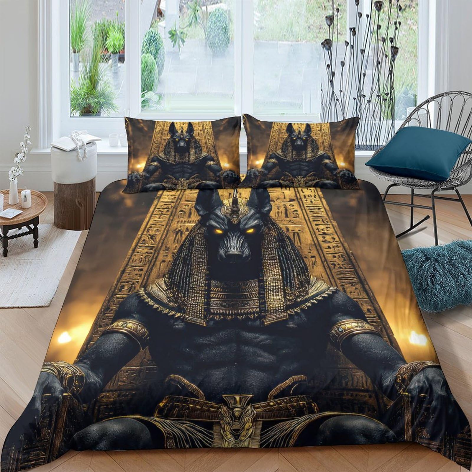 Ctjqhvkz Style-5 3D Printed Egyptian Anubis Fitted Sheet Microfiber Soft Black Gold Ancient Myth Bed Cover For Bedroom Dorm Decor Single（135X200cm）