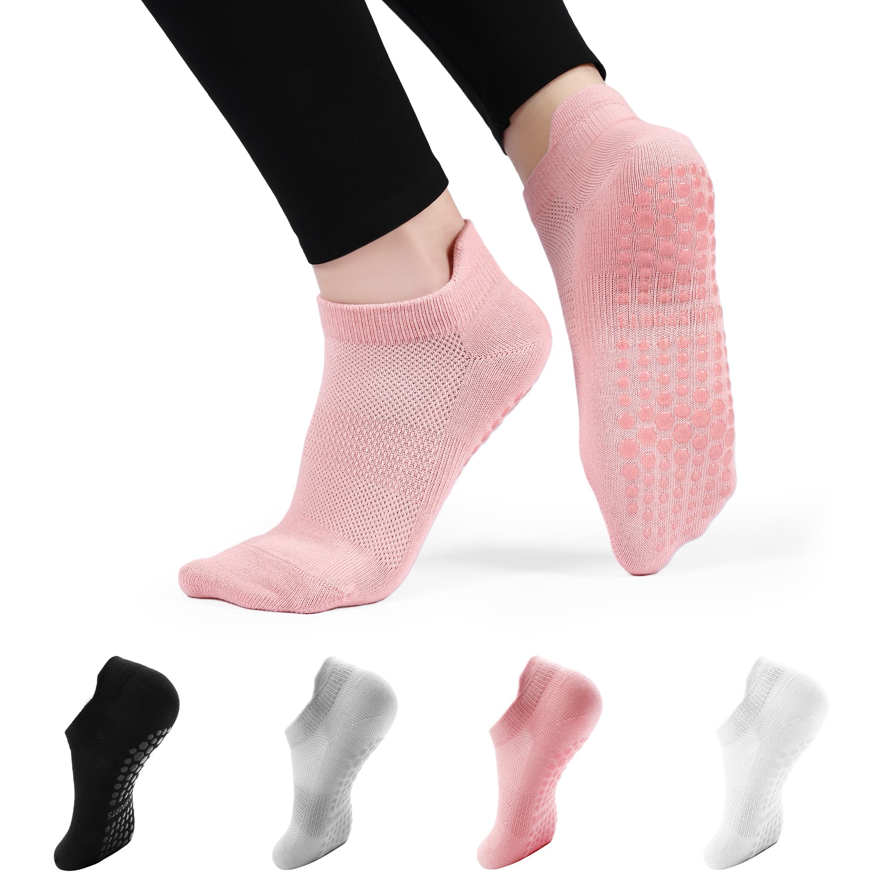 Pawvoyage Women's Black/Grey/Pink/White 4 Pairs Grip Socks Yoga Socks For Non Slip Reformer Pilates Socks & Grippy Socks Dance Socks With Silicone Grips For Ballet,Barre,Gym,Reformer Workout,Home Workout,Hospital