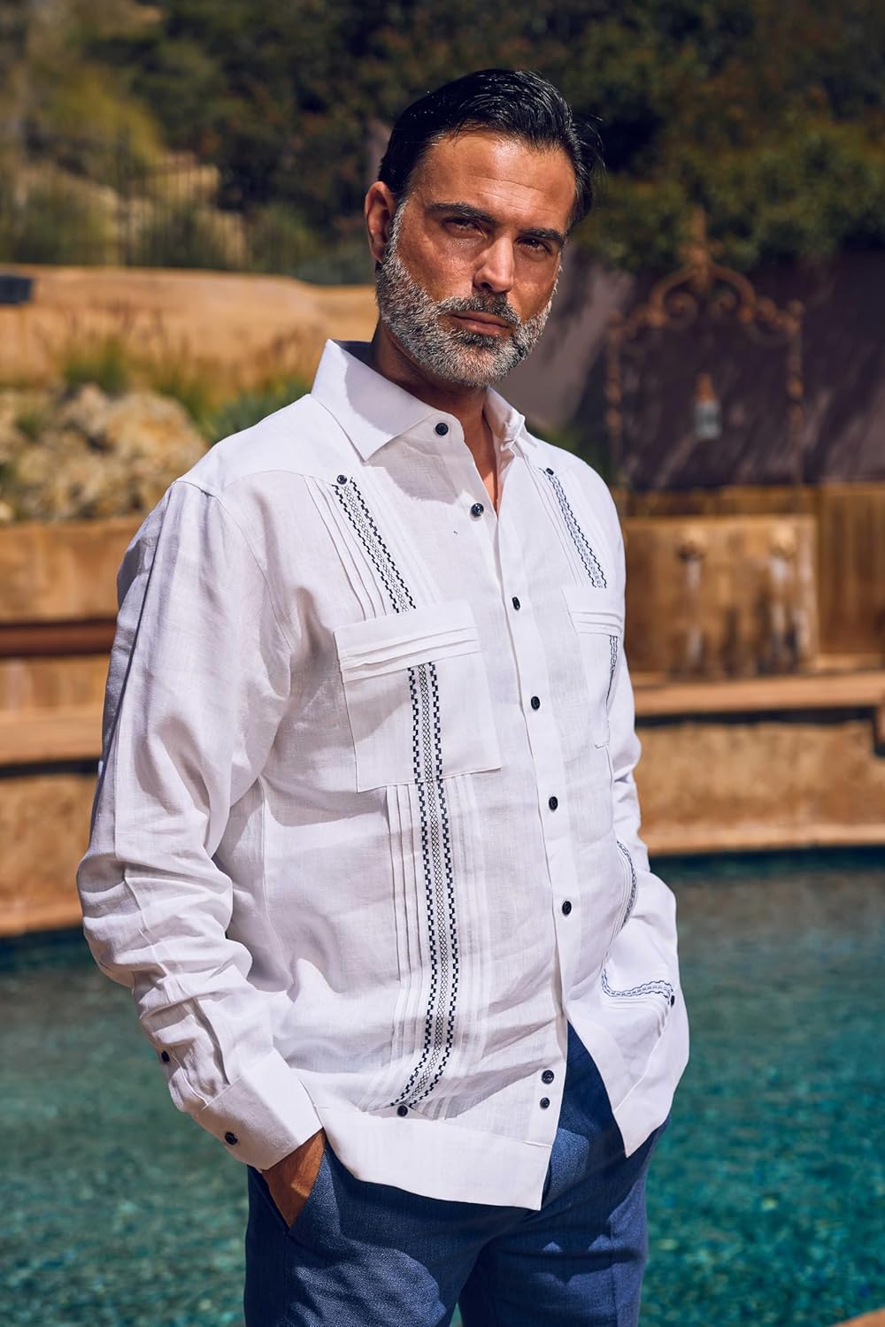 Mojito Collection Men's 100% Linen Guayabera Shirt Long Sleeve with Embroidered Trim - Image 5