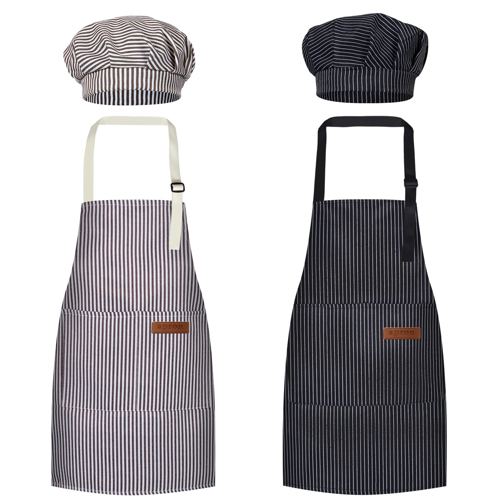 DASHUAIGE 2 Pack Stripes Kids Aprons with Chef Hat, Kid Cooking Apron with 2 Pockets, Cute Adjustable Aprons for Cooking for Baking Art (Black,Coffee, 45x50cm)