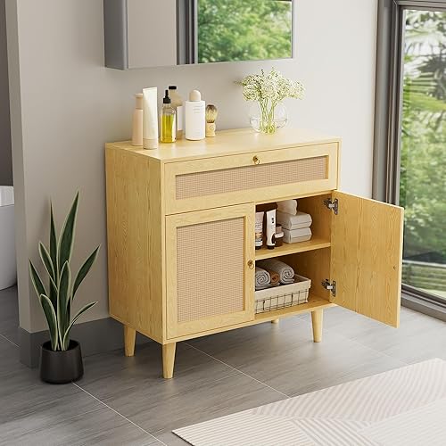 Miniatura 11 de Armario de baño, moderno organizador de armario de almacenamiento de piso de baño con 1 puerta y 3 cajones, armario independiente para uso en