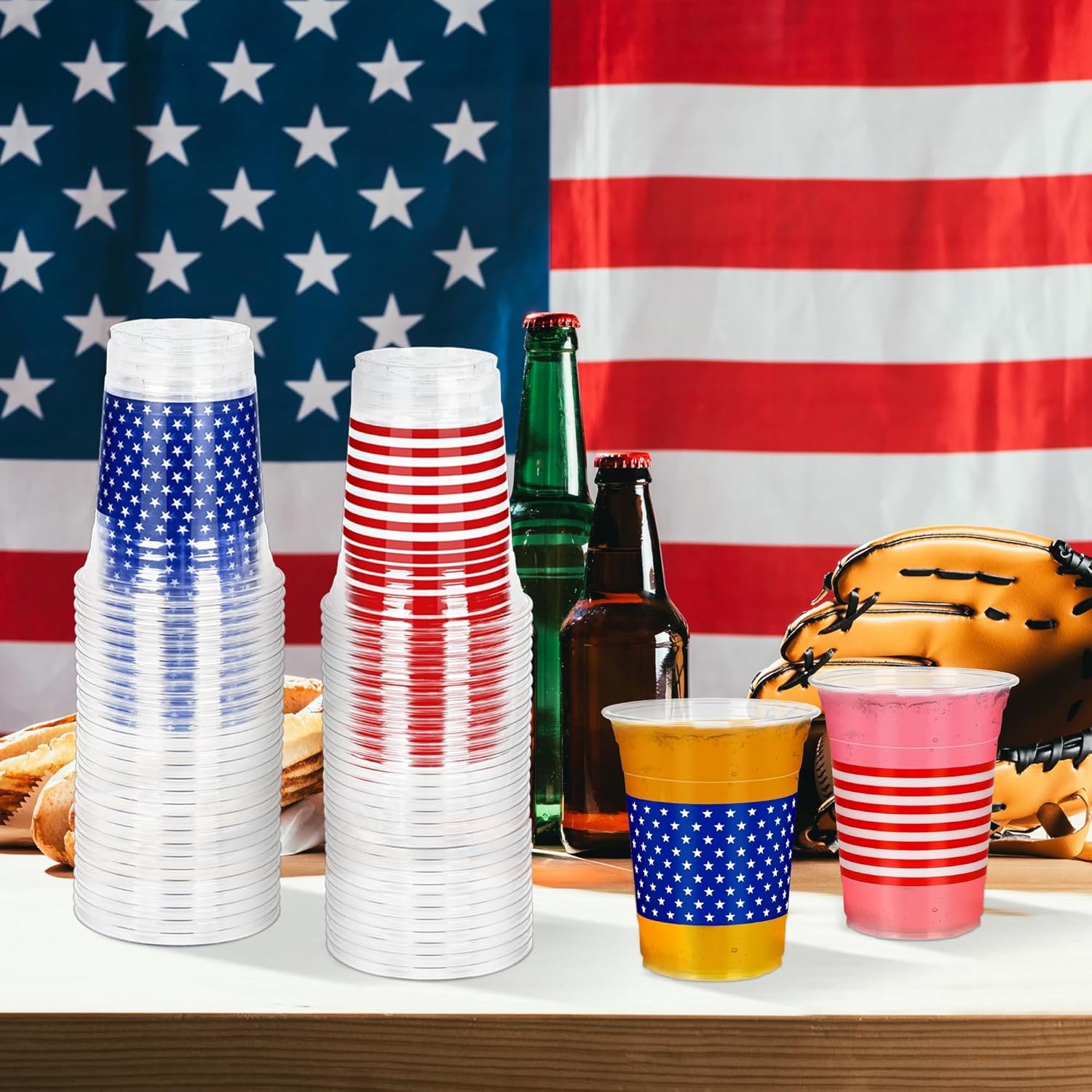 QZYL 100 Pcs Fourth of July Cups, 16 oz 4th of July Cups with Star Pattern Decor, Disposable Plastic Memorial Day Cup of Independence Day Decorations, Juice Coffee Drinks for Party Supplies