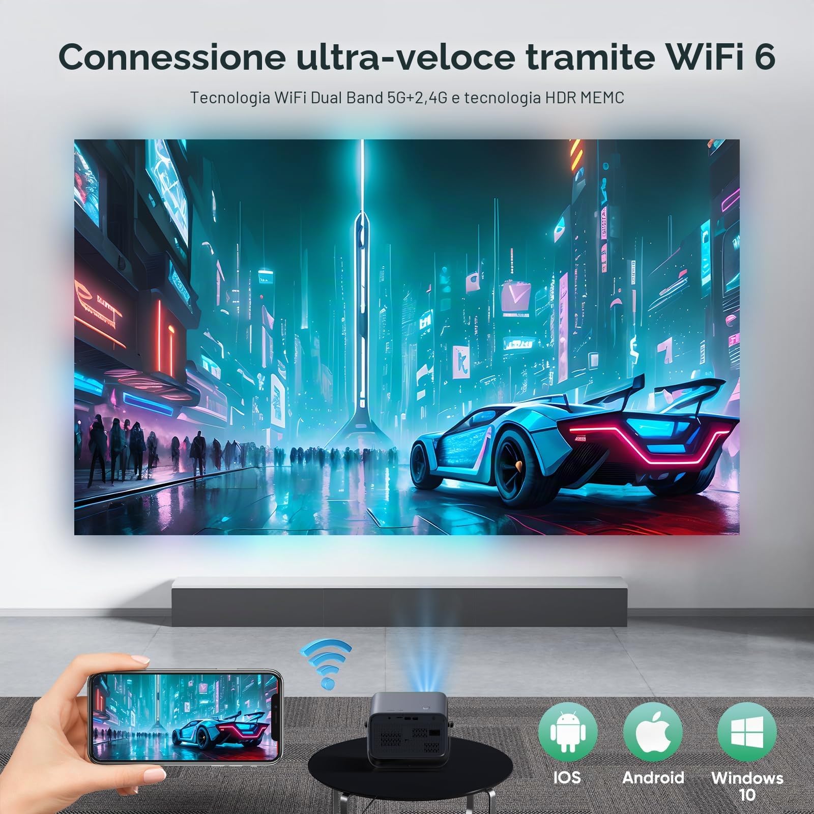 【Proiettore autofocus con supporto girevole a 360°】Mini proiettore 4K supportato, 20000L Native 1080P WiFi6 Bluetooth, 50% zoom videoproiettore home cinema 300'' compatibile con TV Stick/smartphone