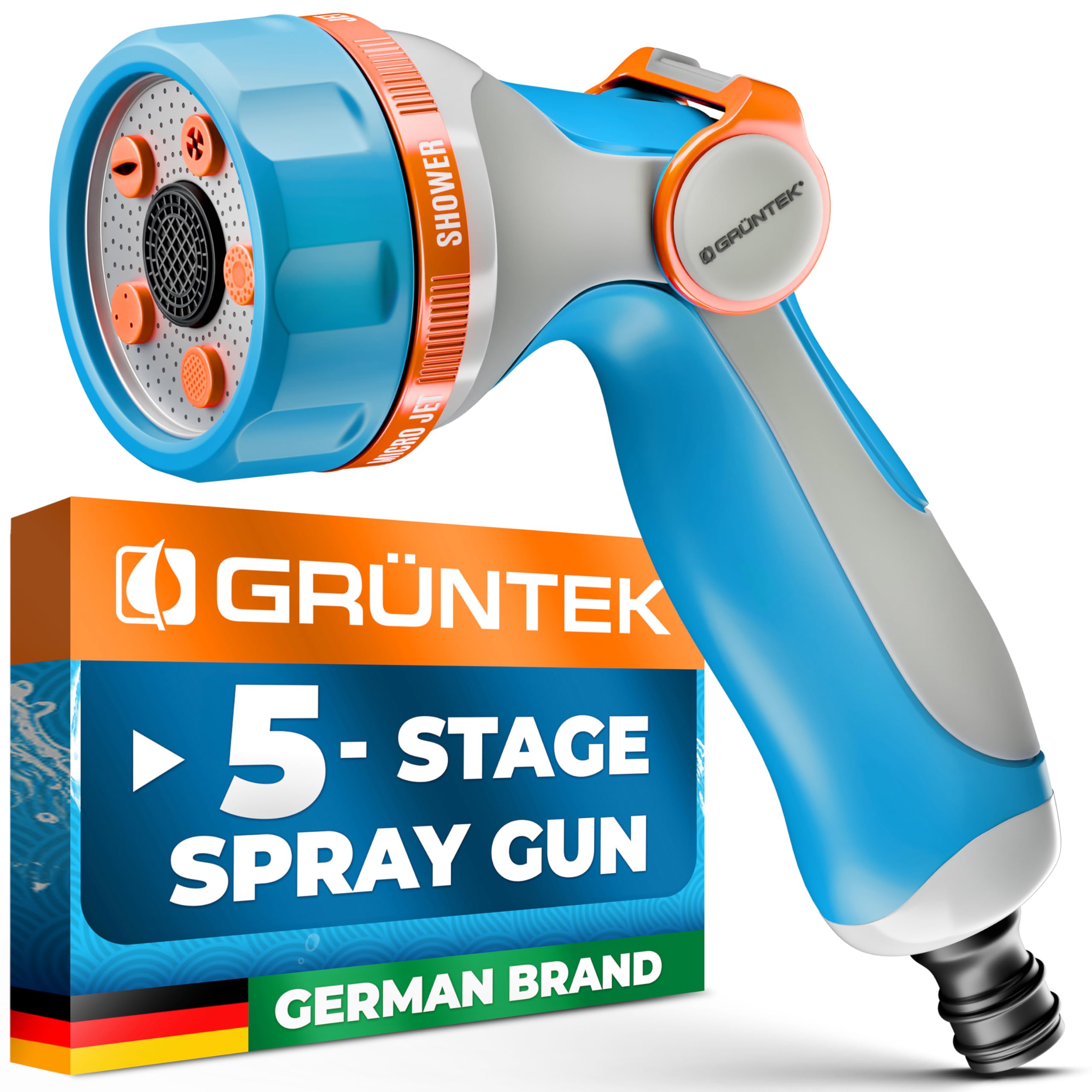 Grüntek 2. Premium Ultralight Garden Hose Spray Gun – 5 Spray Patterns, Thumb Control, Ergonomic Soft-Grip Handle, Multi-Function Nozzle
