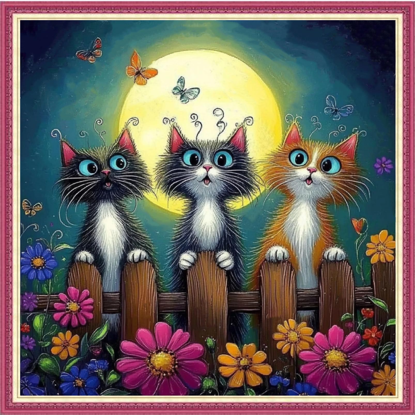 Fanxvivy Stamped Cross Stitch Kits for Beginners Full Range of Cross Stitching Preprinted Embroidery Kits for Adults, 11CT Embroidery Pattern Needlepoint Kits-The cat admires Moon 18×18 inch