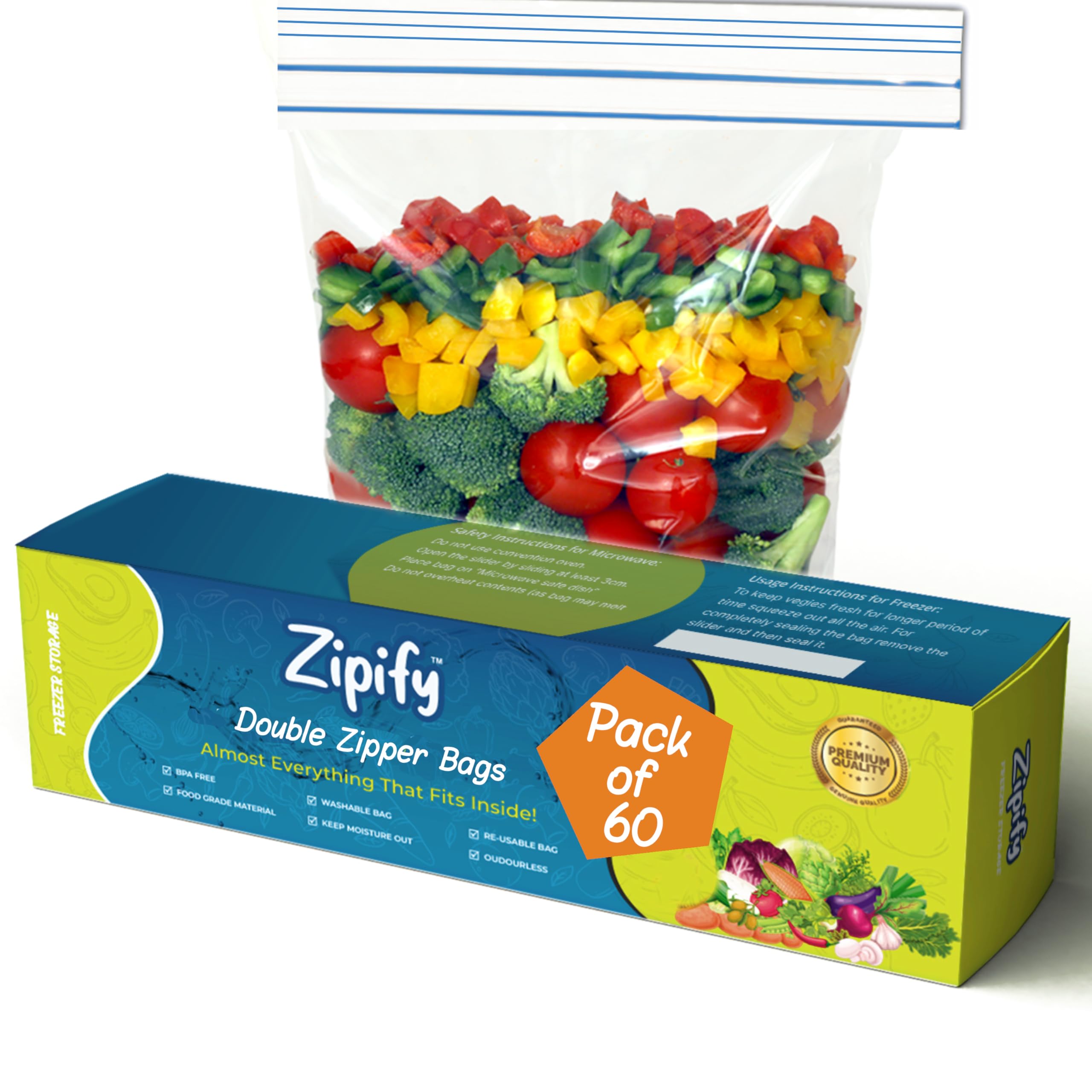 Zip Lock Bag | Pack of 60-20 L+20 M+20 S | Ziplock Pouch, MultiPurpose Storage Double Zipper Bag, Zip Lock For Bags Fridge, Travel Packing, Reusable and Reclosable, Leak- Proof, Food Grade