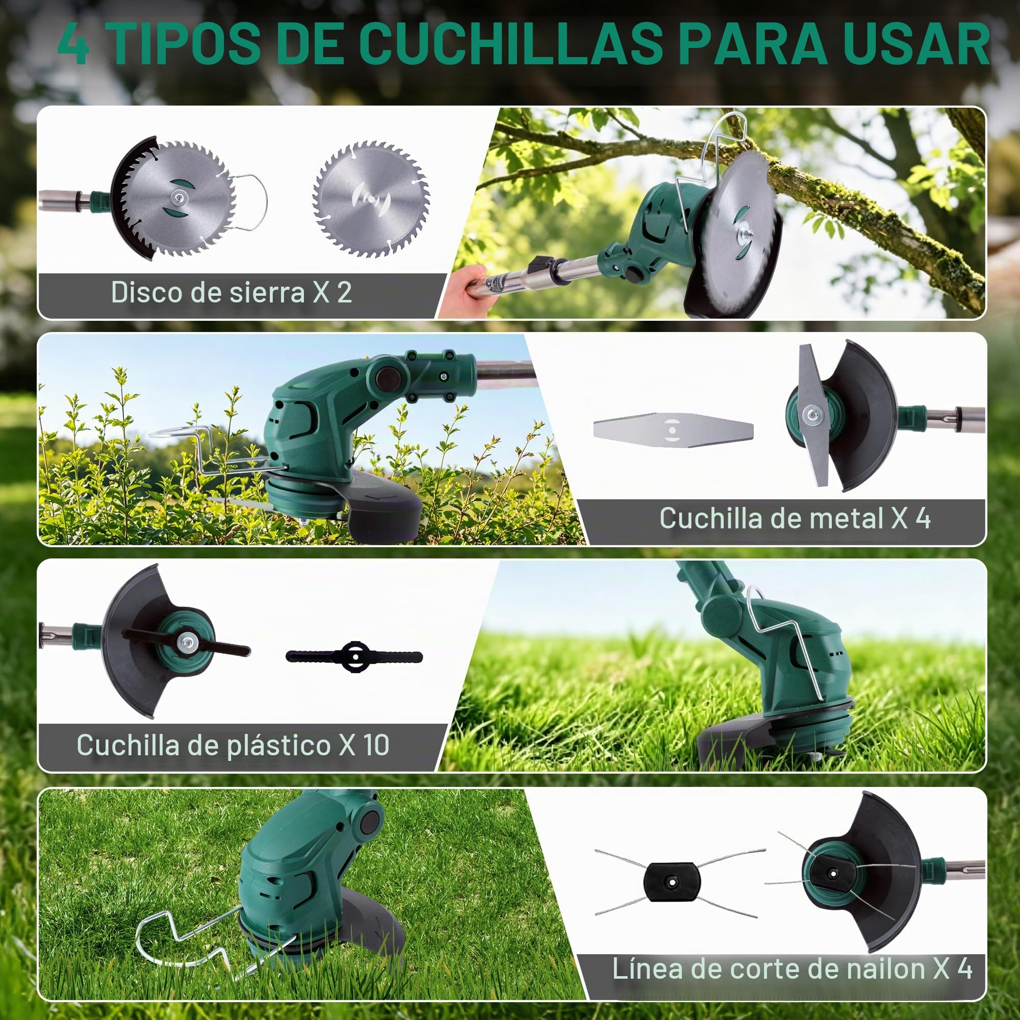POSENPRO Desbrozadora a batería, Desbrozadora Electrica 20V, Cortacésped de batería inalámbrico, Equipada con 2 baterías y 4 Cuchillas, Mango Telescópico 86-122 cm