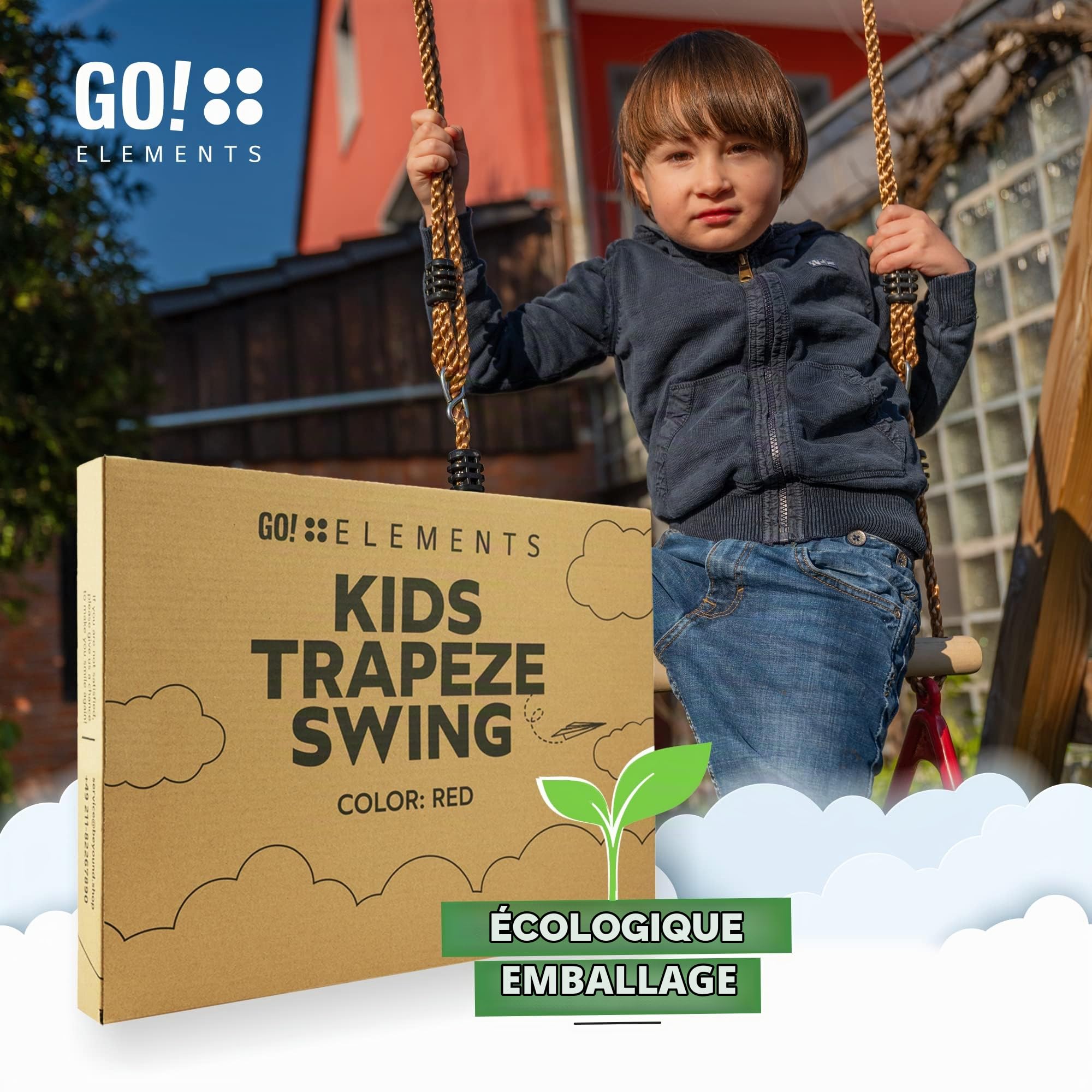 GO!elements Balançoire Trapèze Enfant Extérieur - Siège Intérieur - Corde, Assise - Hauteur Réglable - Antidérapant - Couleur: Rose