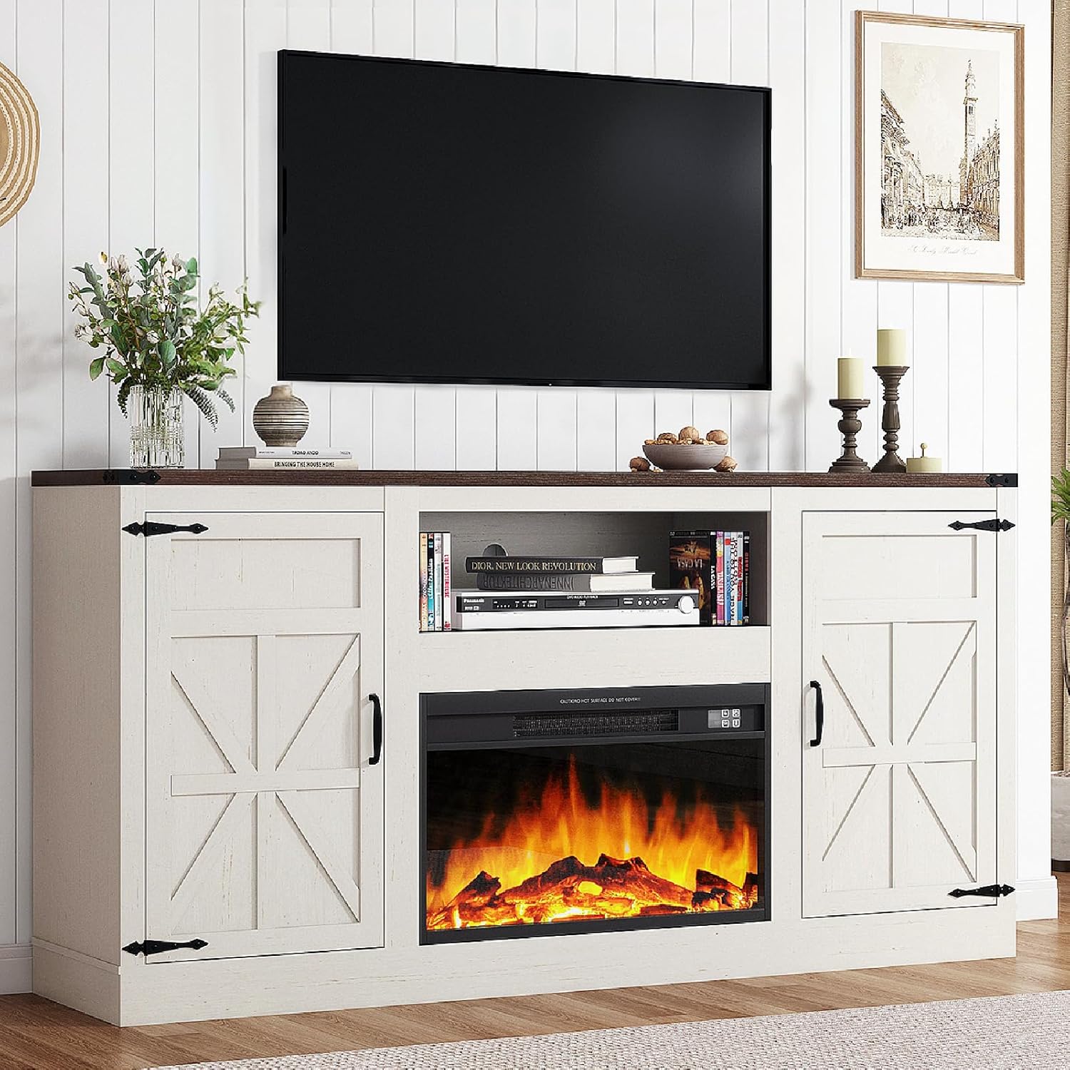 jiteentarou 66" Farmhouse Fireplace TV Stand for 75" TVs, 33.5" Tall Entertainment Center w/26 Electric Fireplace&Storage Adjustable Shelves, Fireplace TV Media Console for Living Room, Brown