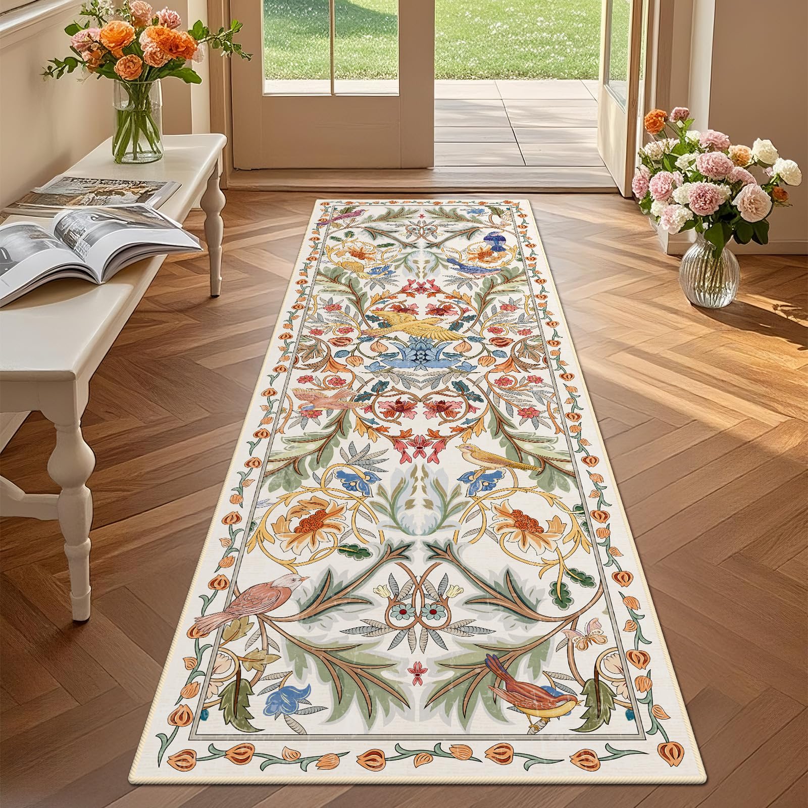 TUKDAK Vogel Teppich Läufer Flur 60x180cm, Beige Weiß Tier Küchenläufer Waschbar, Weicher Kurzflor Teppichläufer rutschfest, Vintage Waschbarer Küchenteppich Wohnzimmer Badezimmer Schlafzimmer