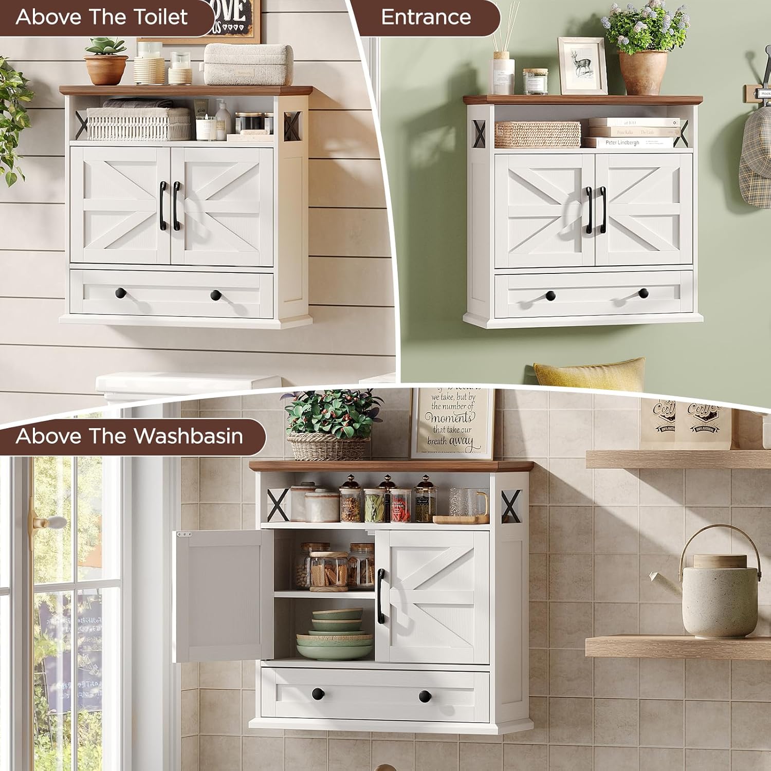 Maupvit Wall Mounted Bathroom Cabinet with Drawer, 24"W Farmhouse Medicine Cabinet with Barn Doors, Adjustable Shelf, Space-Saving Floating Wall Cabinet Storage Cabinets for Bathroom, Entryway,Kitchen