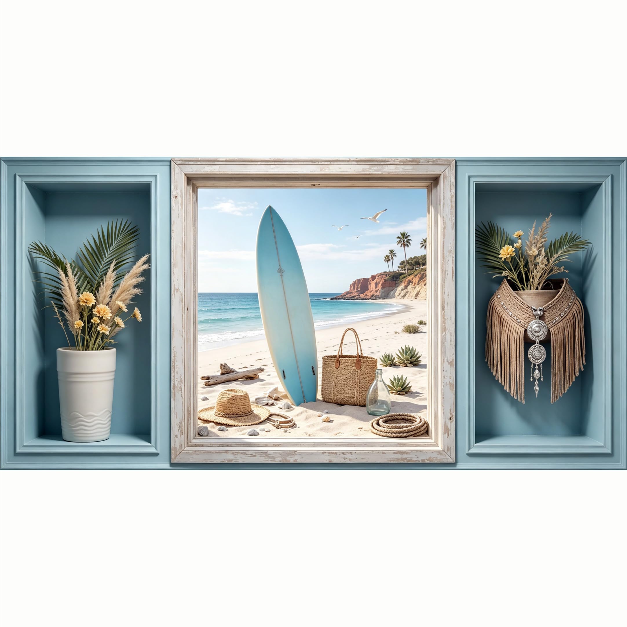 QZLITHOTIC 50x100cm 3D Framed Wall Art， Coastal Surfboard Beach Landscape SelfAdhesive Mural， WaterActivated Peel & Stick Fabric Decor Wall Decal for Bedroom Living Room