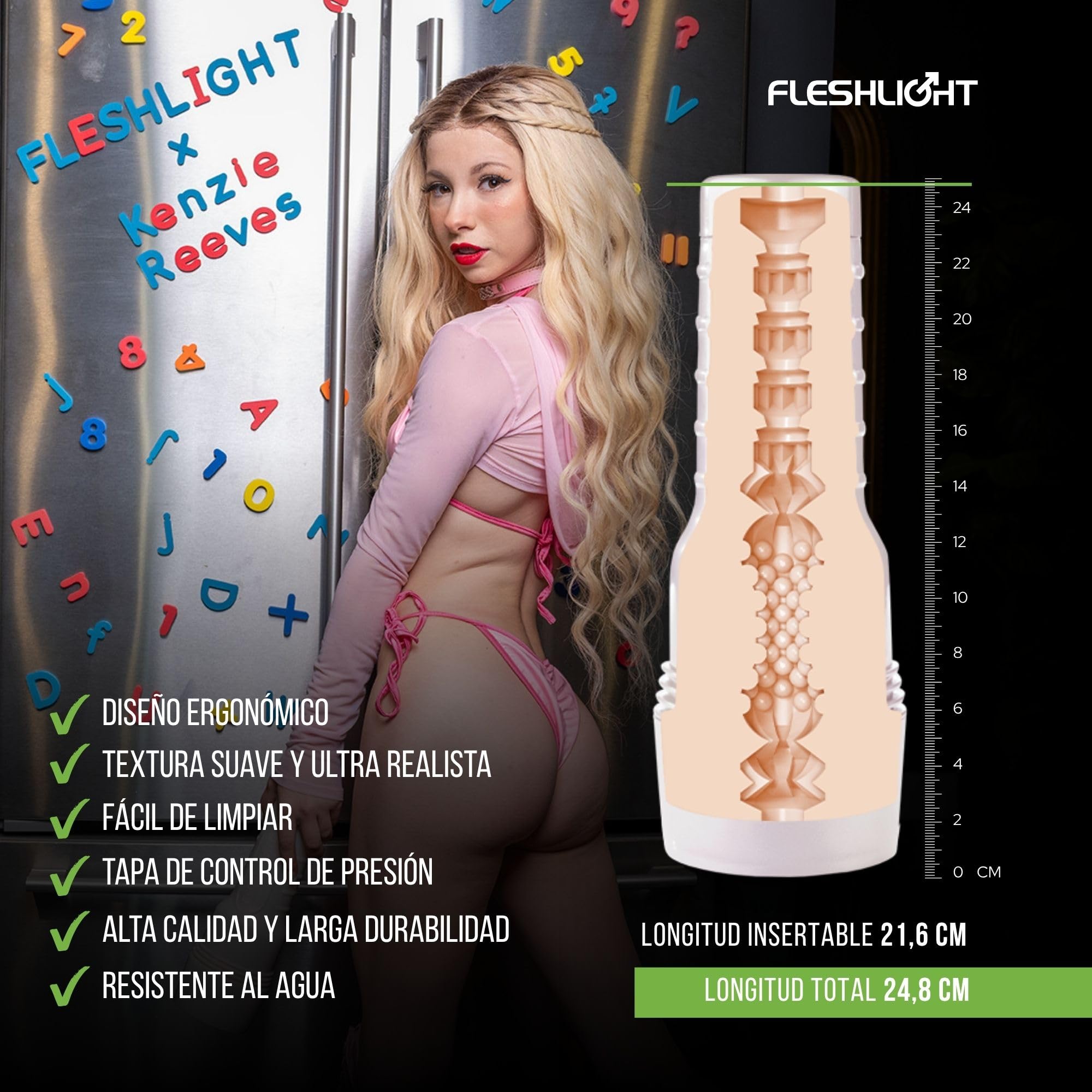Fleshlight - Kenzie Reeves - Masturbador Masculino Real - Textura Cupcake - Sensación Intensa y Placentera - Diseño Interior con Protuberancias Densas y Anillos - Fácil de Limpiar