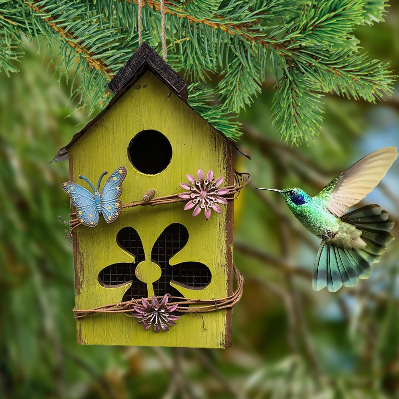 Niedliches aus Holz – dekoratives hängendes Vogelhaus den Außenbereich für Garten, Terrasse und Park (grün)