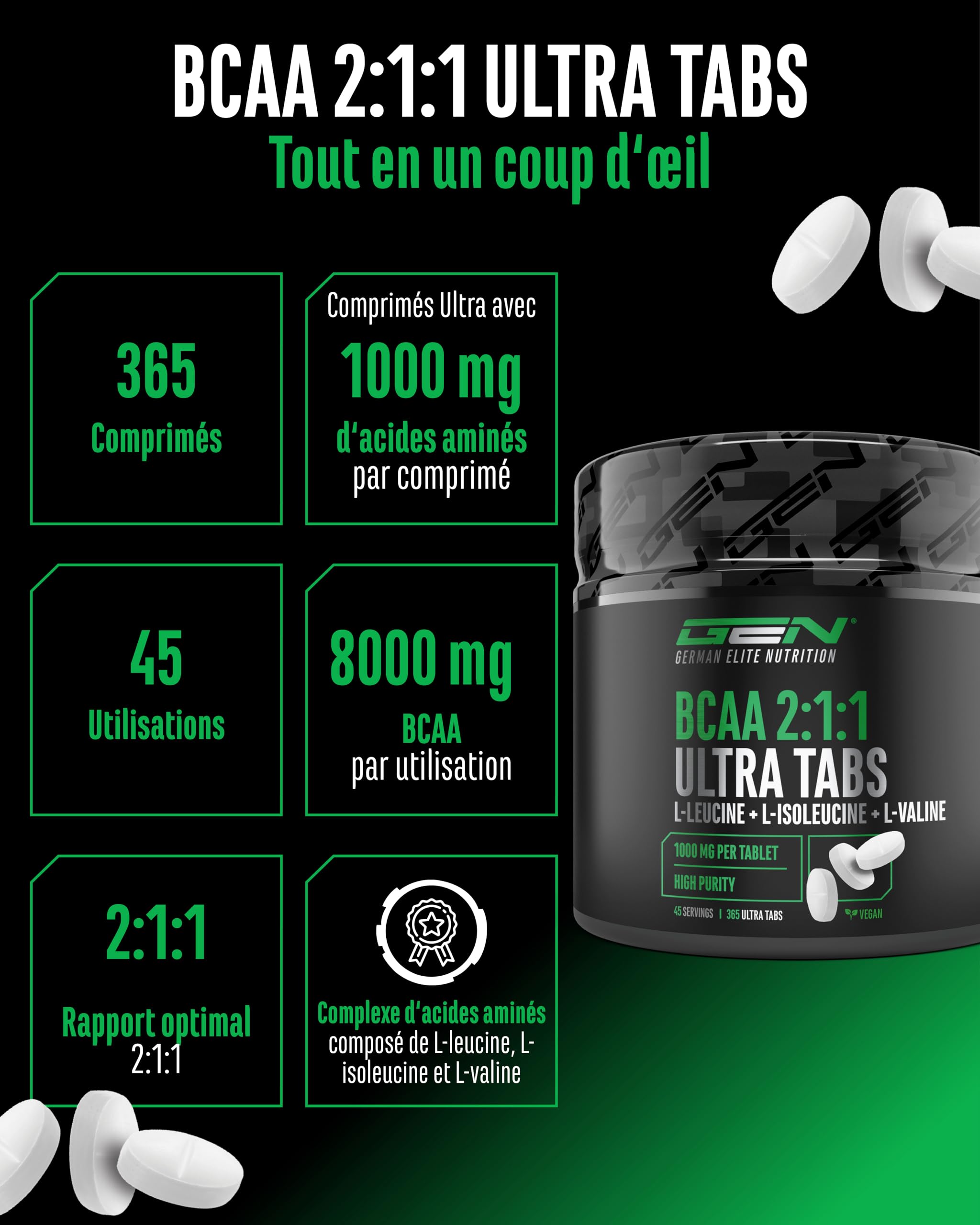 BCAA Ultra Tabs - 365 Comprimés avec 1000 mg de BCAA par Comprimé - Ratio Optimal 2:1:1 - Complexe d’Acides Aminés à Base de Leucine, Isoleucine & Valine - Vegan