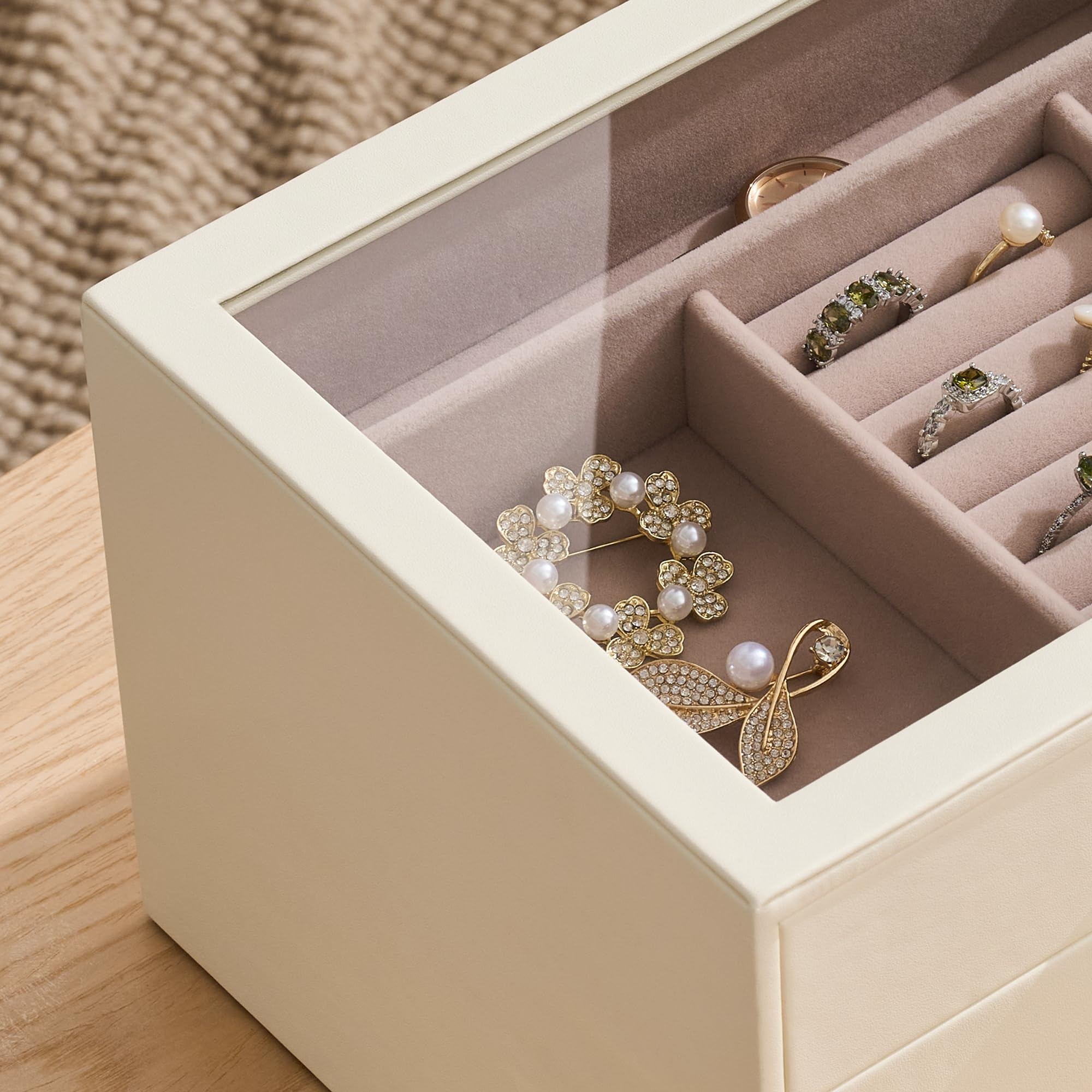 pickpiff Schmuckkästchen-Organizer: 3-stöckiges Schmuckkästchen mit Glasfenster, elfenbeinfarbenes Leder mit rosa Samt, Halterungen für Ringe, Halsketten, Armbänder und Uhren, tolles Geschenk für sie