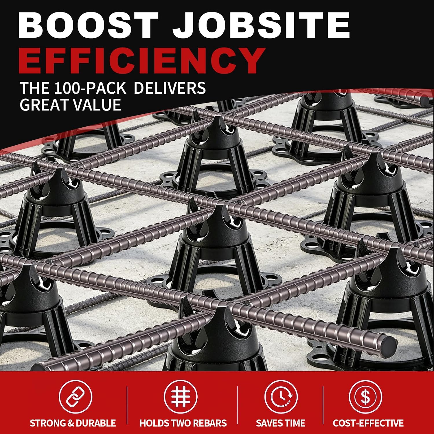 100 Pcs Concrete Rebar Support Chairs, Snap-On Spacers for #3#4#5, Lifts 1.5"–2", Heavy-Duty Plastic Grid Stands, Includes Work Gloves – Foundation & Slab Ready