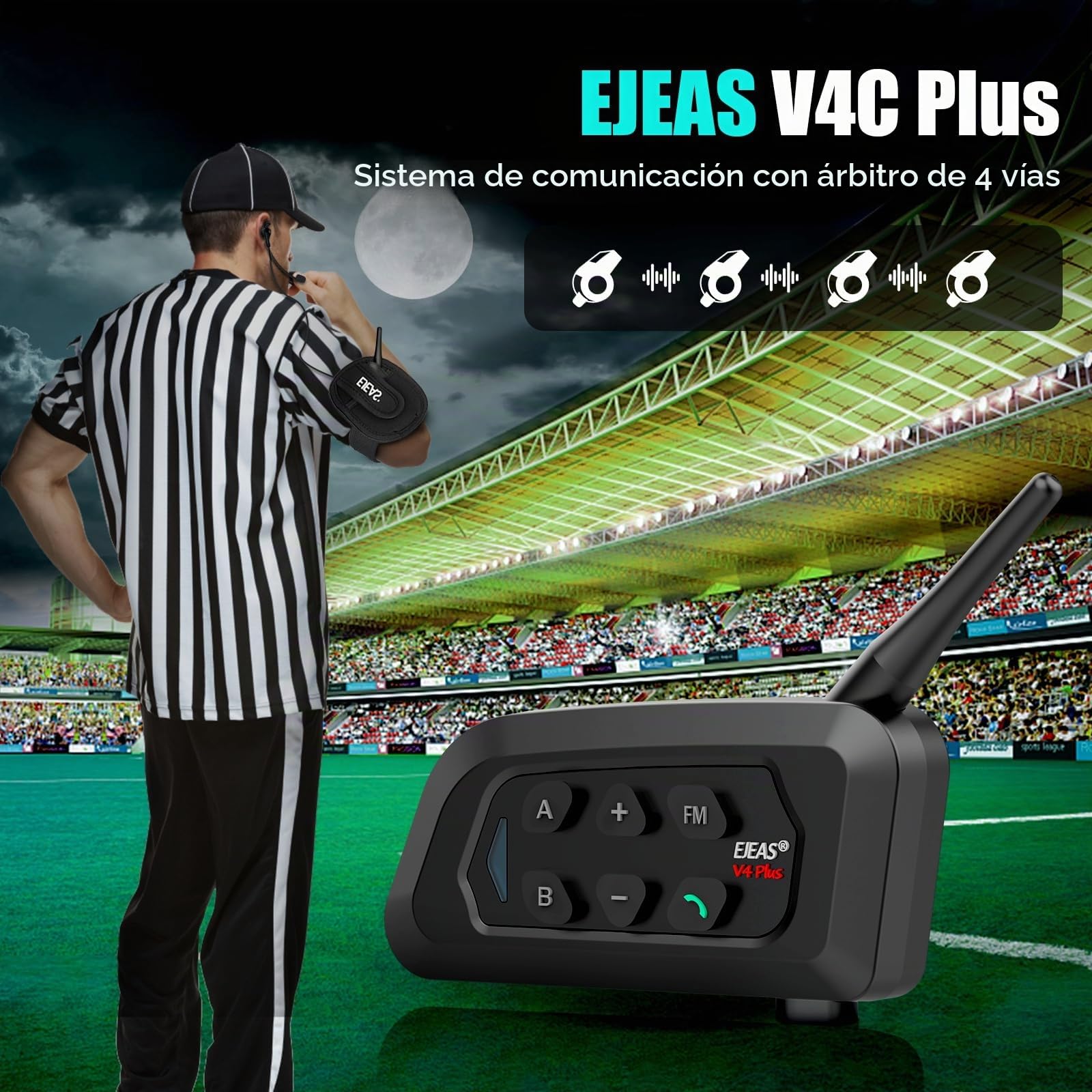 EJEAS V4C Plus Intercomunicador Bluetooth para árbitro de Fútbol Profesional, 1200M 4 Personas Full Duplex Hablando al Mismo Tiempo Intercom