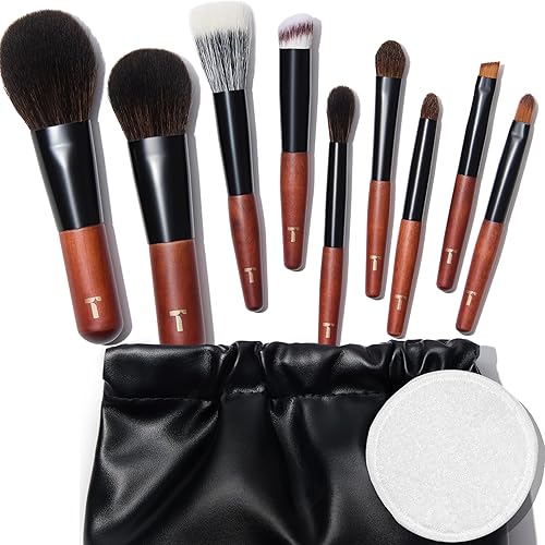Cosme 9 FULL FACE MINI TRAVEL Makeup Brush Set with Case - Powder, Blush, Concealer, Brow, Eyeliner, Eyeshadow Brushes Synthetic & Natural Hair Make Up Brushes for Vacation, School, Office or Gym Bag