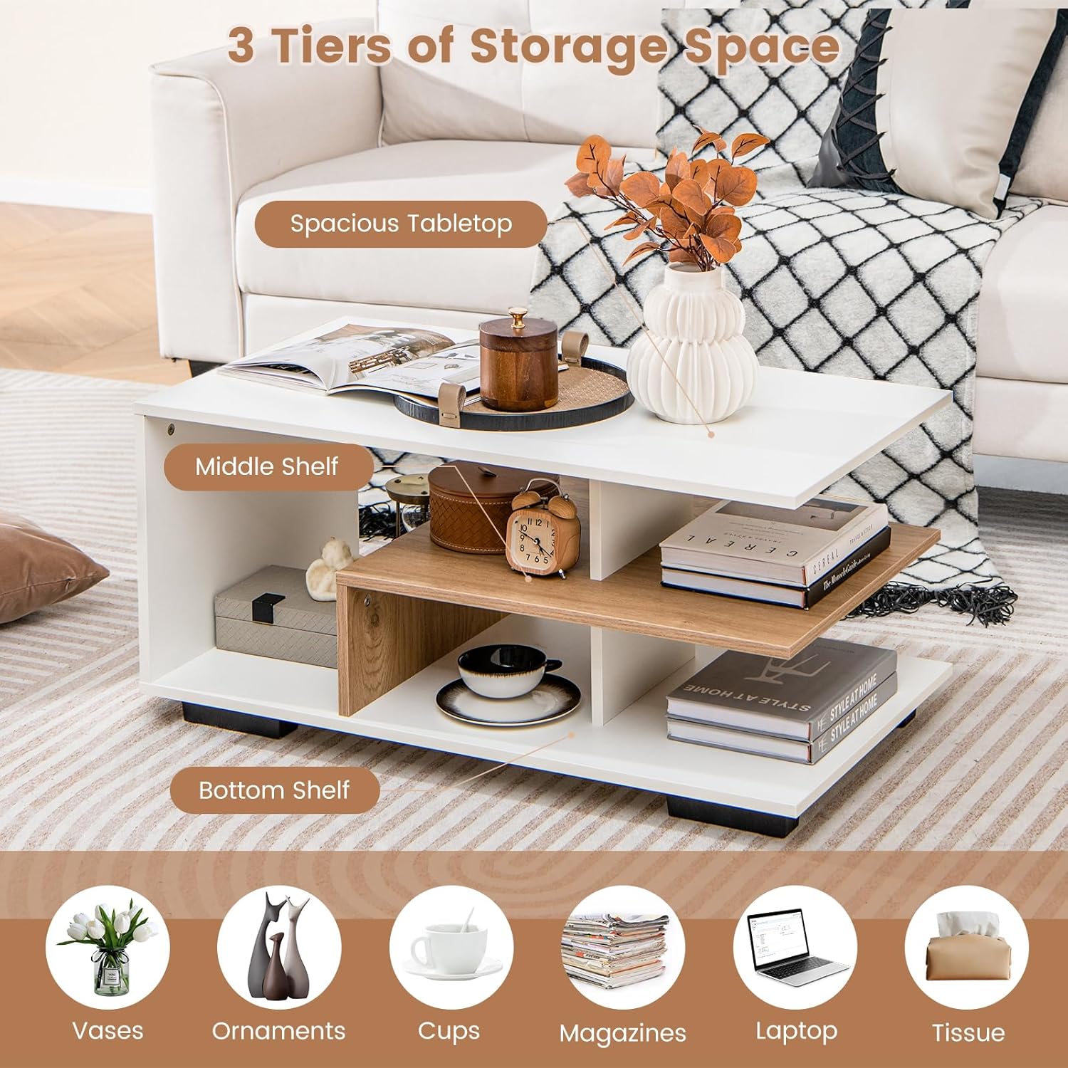 Giantex Modern Rectangular Accent Table with L-Shaped Middle Shelf, 3-Tier Cocktail Table for Living Room (Natural and White)