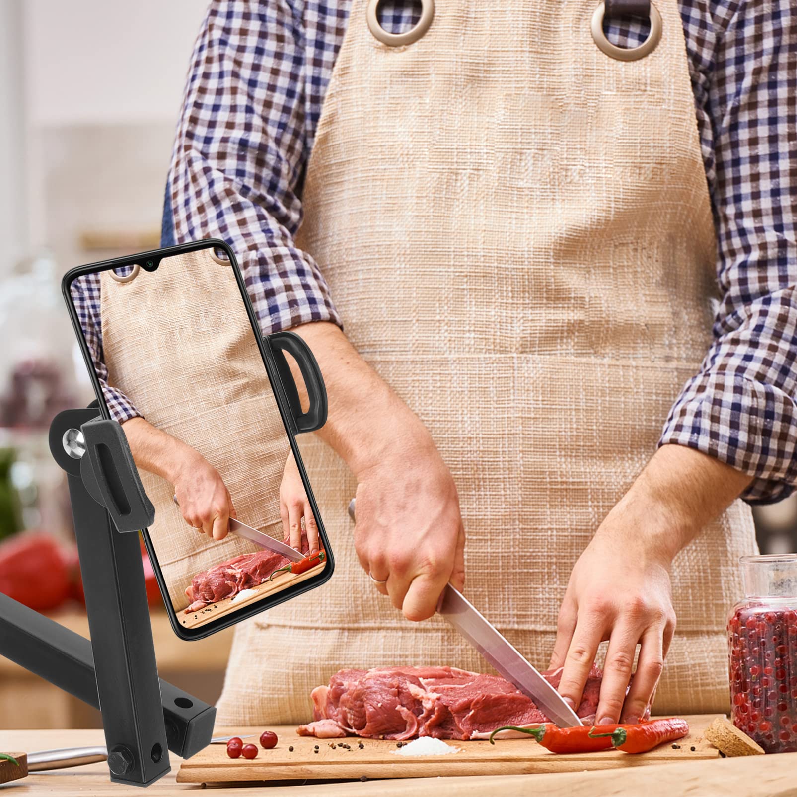 NUOBESTY Supporto da Parete per Telefono e Tablet in Lega di Alluminio Nero | Bracci Regolabili, Sfere Girevoli, Clip Robusta, Pieghevole e Ruotabile a 360°