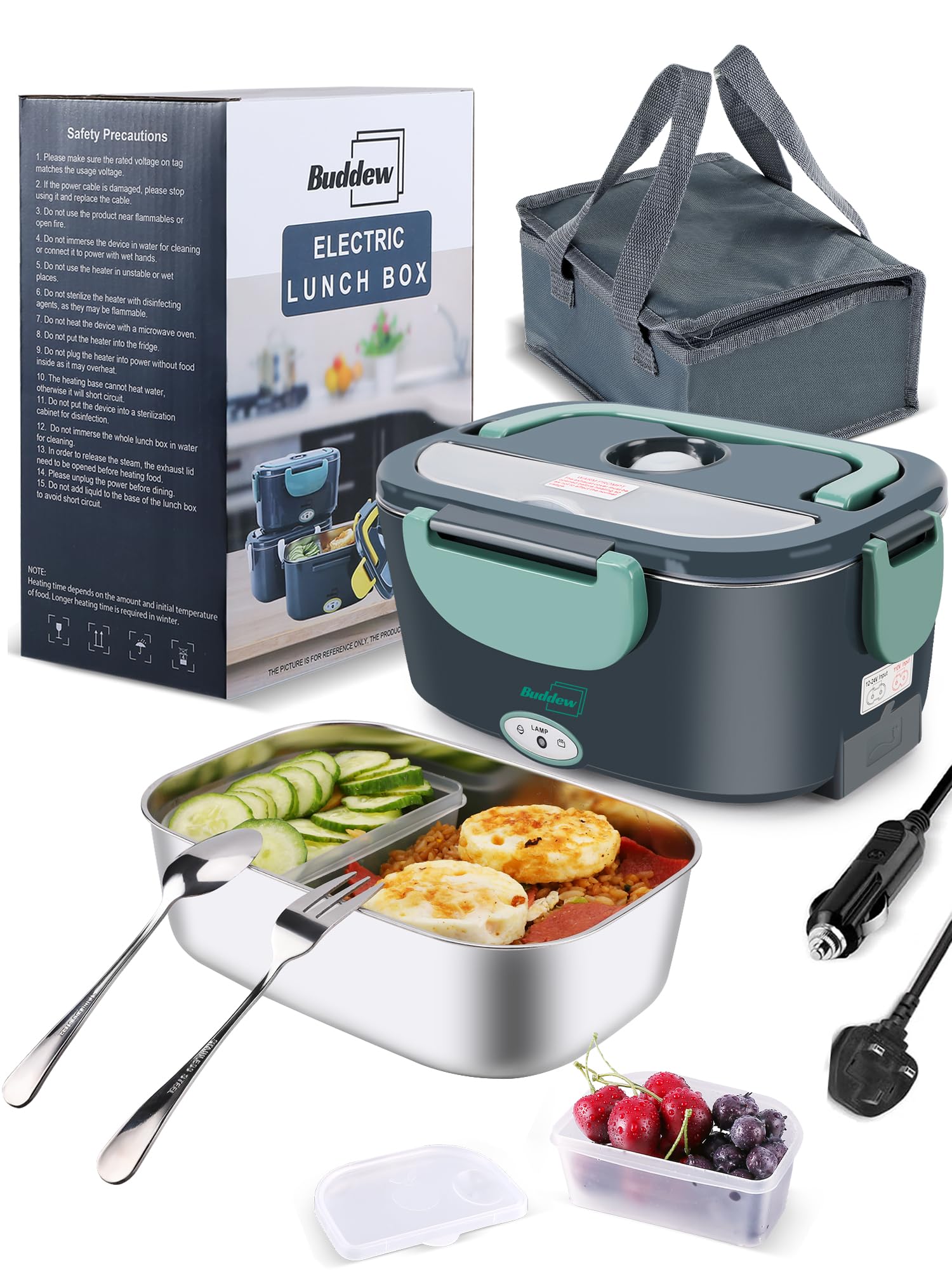 Buddew Electric Lunch Box 80W Food Heater 3 in 1 12/24/110-230V Portable Lunch Warmer Upgraded Leakproof Heated, for Car/Truck/Office with SS Fork&Spoon and Insulated Carry Bag (Green)