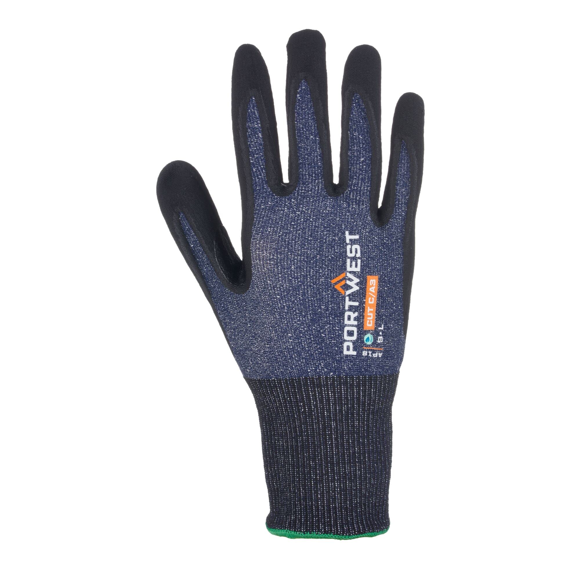 Portwest AP18 Cut Resistant Eco Nitrile Work Safety Gloves Level C Protection Touchscreen Compatible Sustainable Recycled PET Breathable Durable, Blue/Black, S