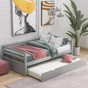 KLMM Twin Daybed with Trundle, Pine Wood Sofa Bed Frame for Bedroom Living Room Furniture No Box Spring Needed Gray + Pine#2