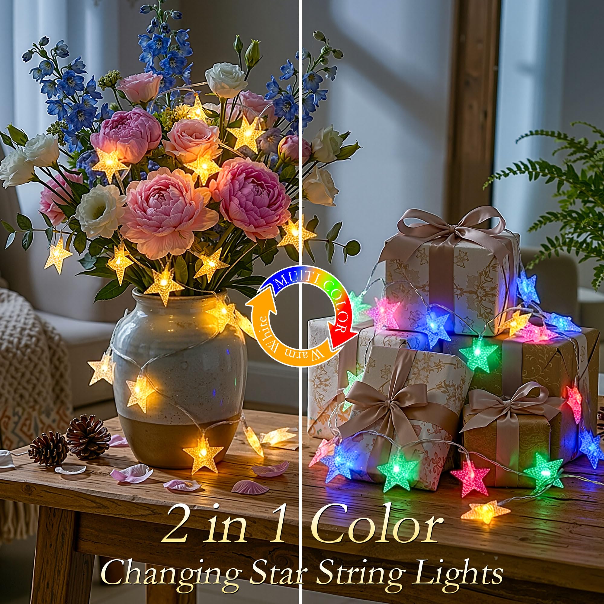 Luci a stella con 100 luci a LED USB da 15,7 m, con telecomando, IP44, impermeabili, 11 modalità, 2 in 1, bianco caldo e multicolore, cambia luci stellate per interni ed esterni, per camera da letto