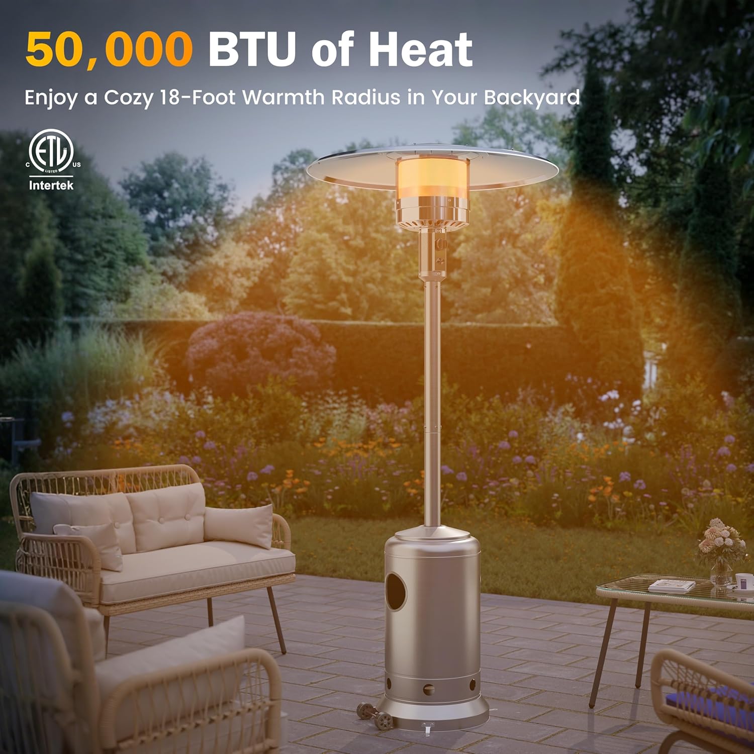 Sundale 50,000 BTU Patio Heater with wheels, Double-Layer Stainless Steel Burner Gas Powered Heaters for Outdoor Use, Propane Patio Heater for Home and Commercial Use, Heats Up to 18ft (Sliver)
