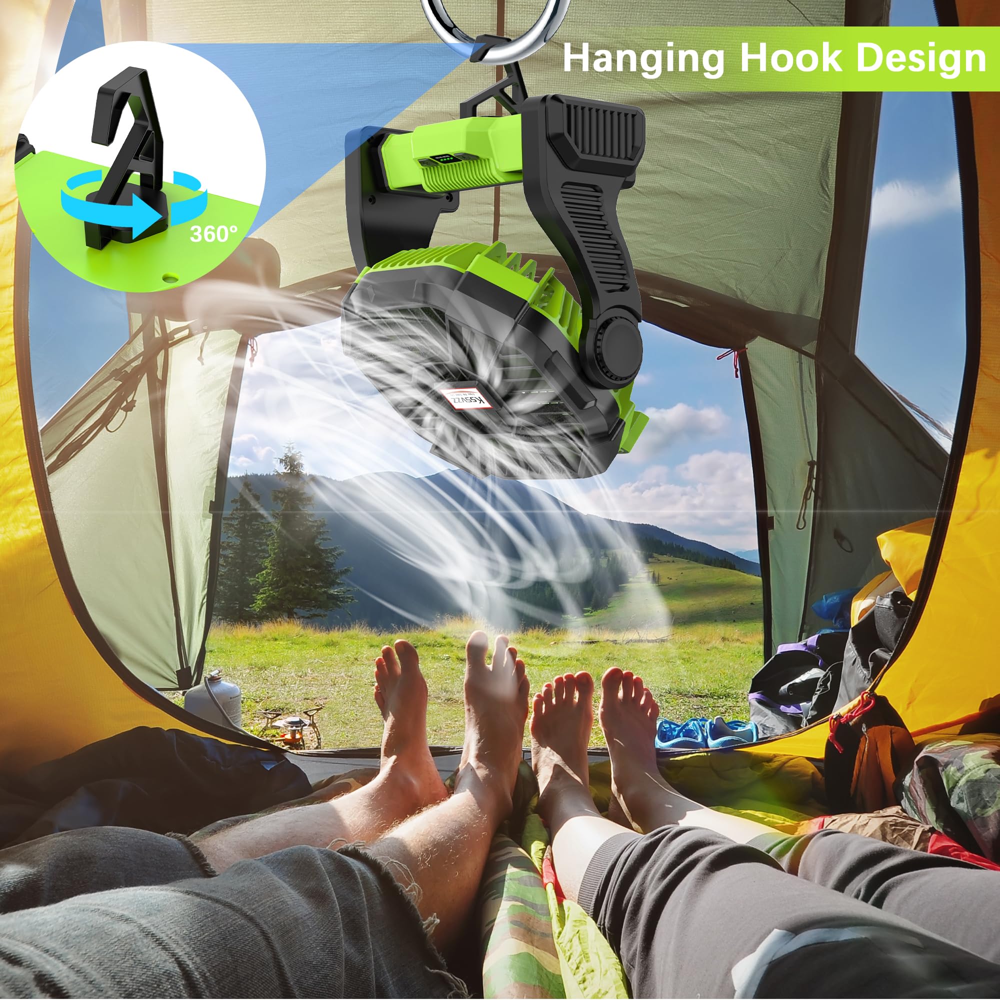 Portable Camping Fan With LED Lantern - 10400mAh Rechargeable