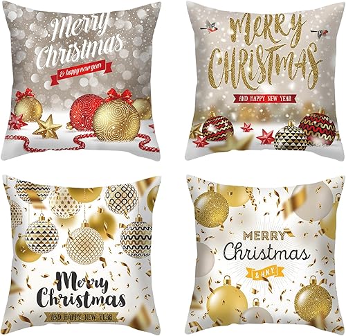 Juego de 4 fundas de almohada de Navidad de color oro blanco, 18 x 18 pulgadas, decoraciones de Navidad súper suaves, para sofá, decoración de cojín