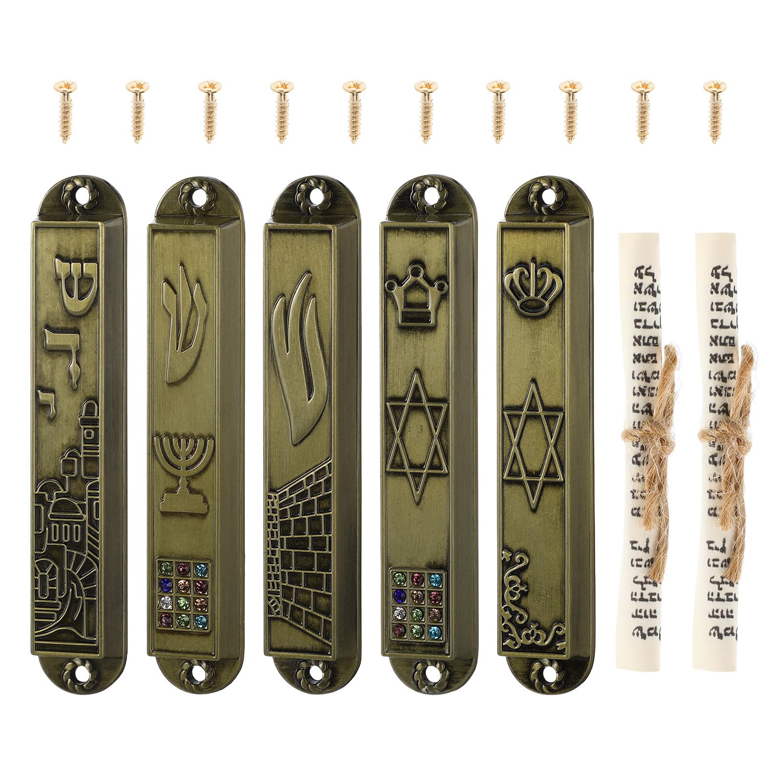 Alipis Vintage Metal Mezuzah Set with 5 Scrolls Jewish Religious Door Decoration Plaques for Home Blessing and Retro House Ornament