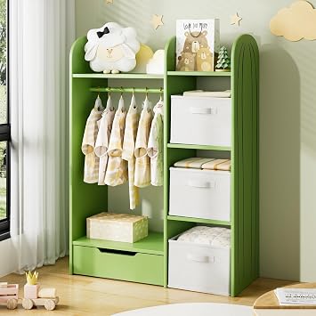 Kids Dress Up Storage, Kids Wardrobe Closet, Costume Organizer with Hanging Rod and Drawer, 3 Shelves & 3 Bins, Cactus-Shaped Dress Up Closet Armoire for Kidroom & Playroom, Green